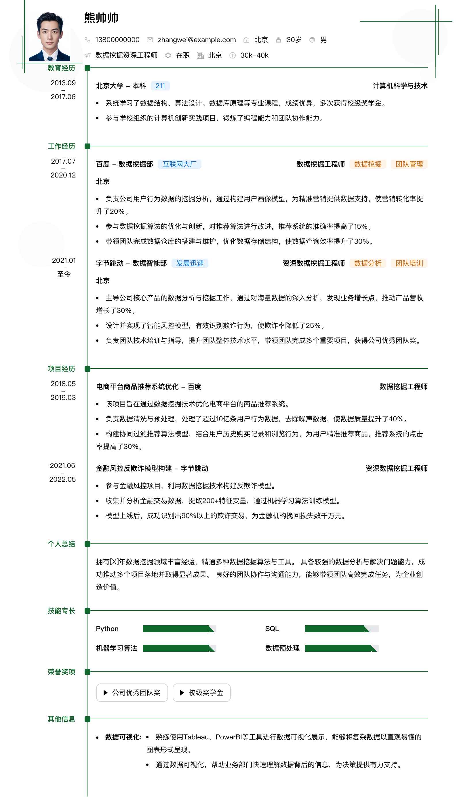 数据挖掘资深工程师简历模板