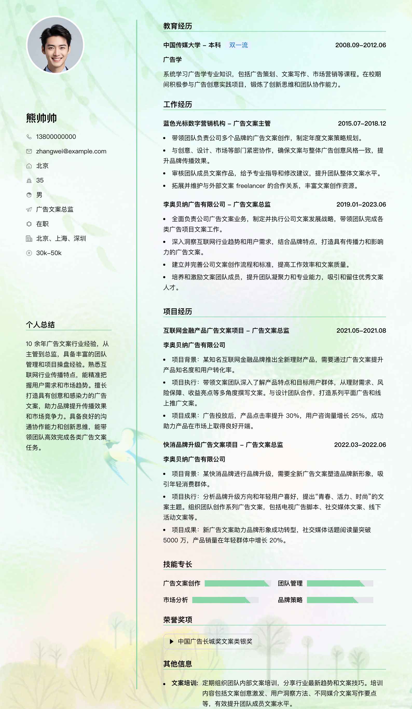 广告文案总监简历模板