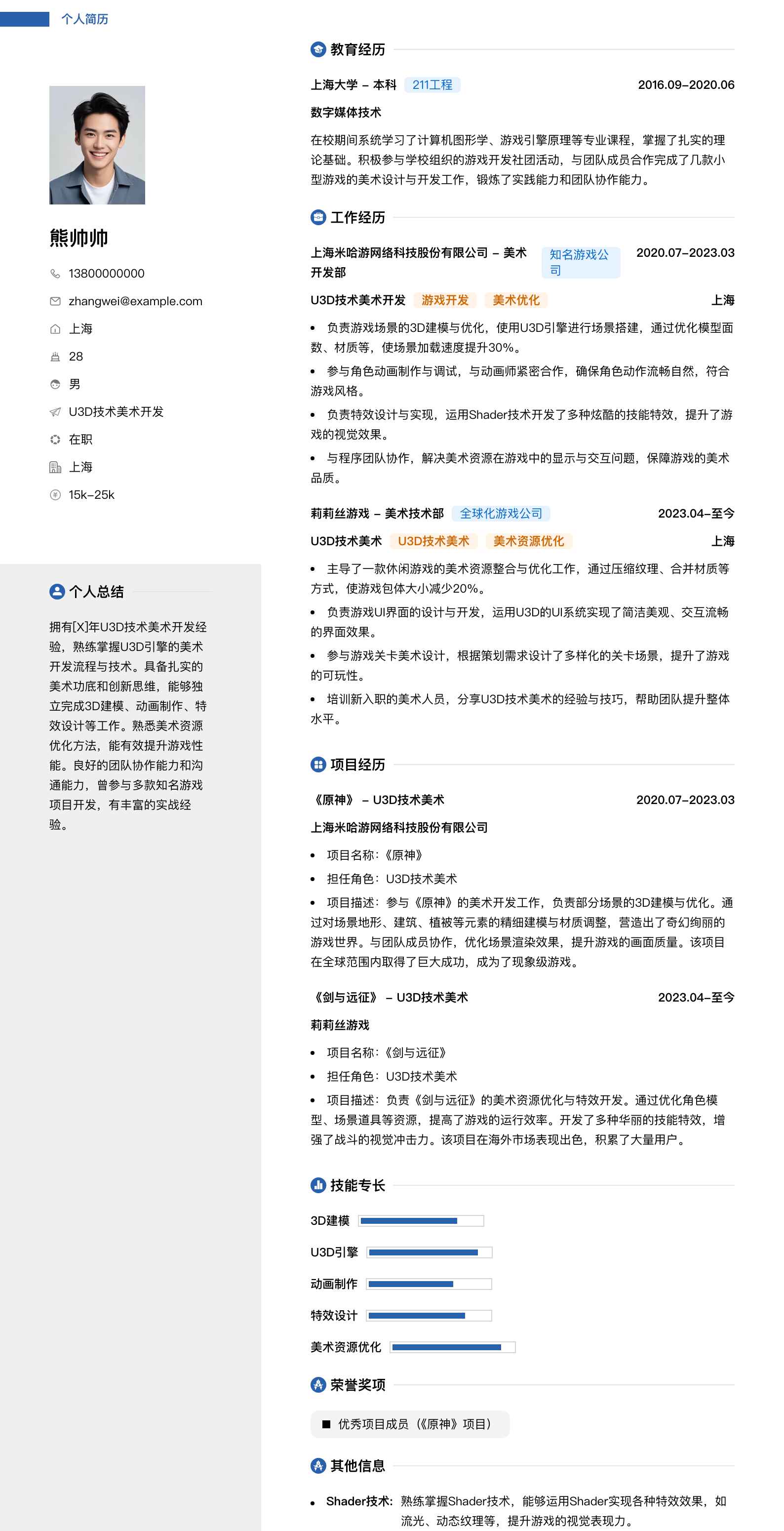 u3d技术美术简历模板