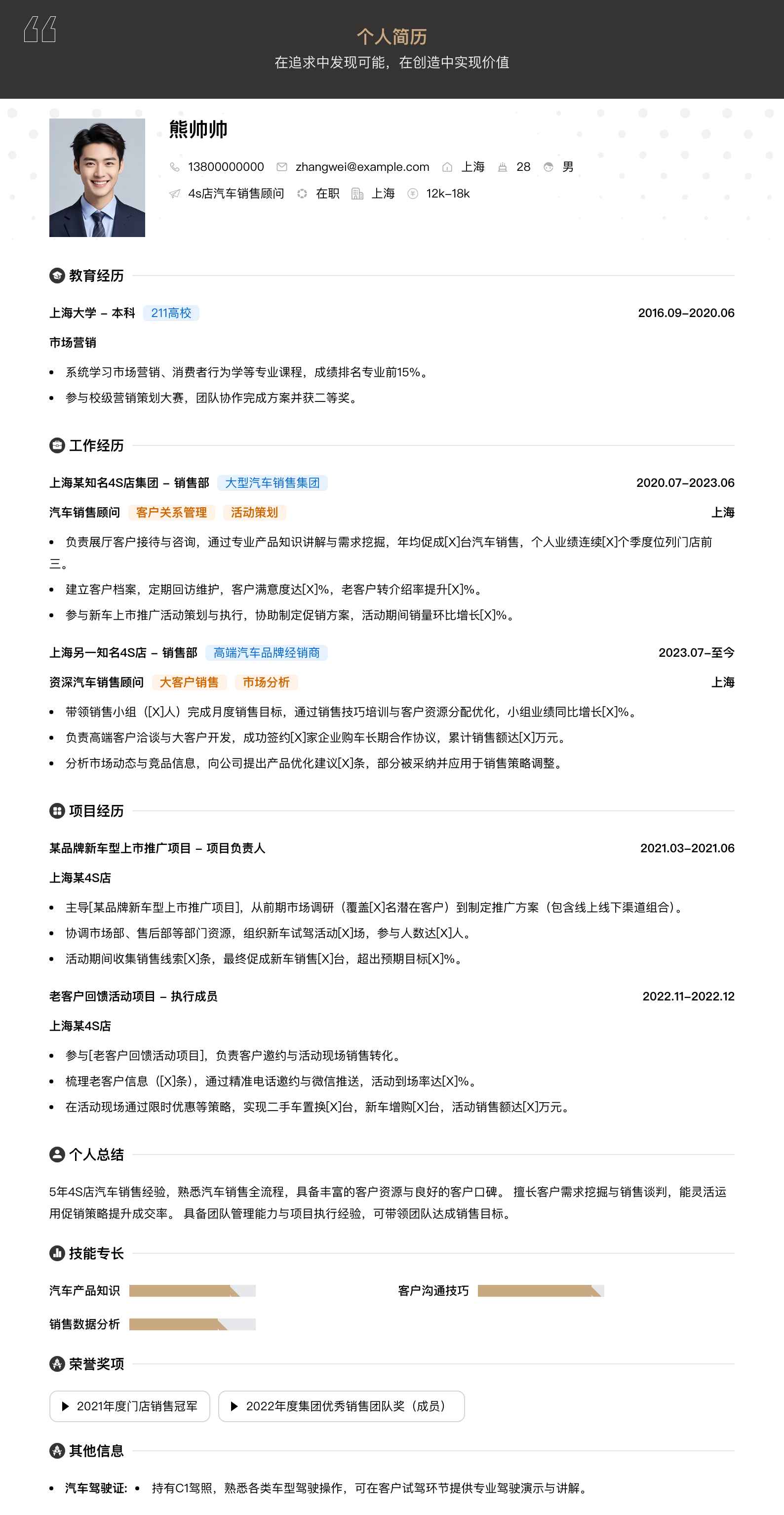 4s店汽车销售顾问简历模板