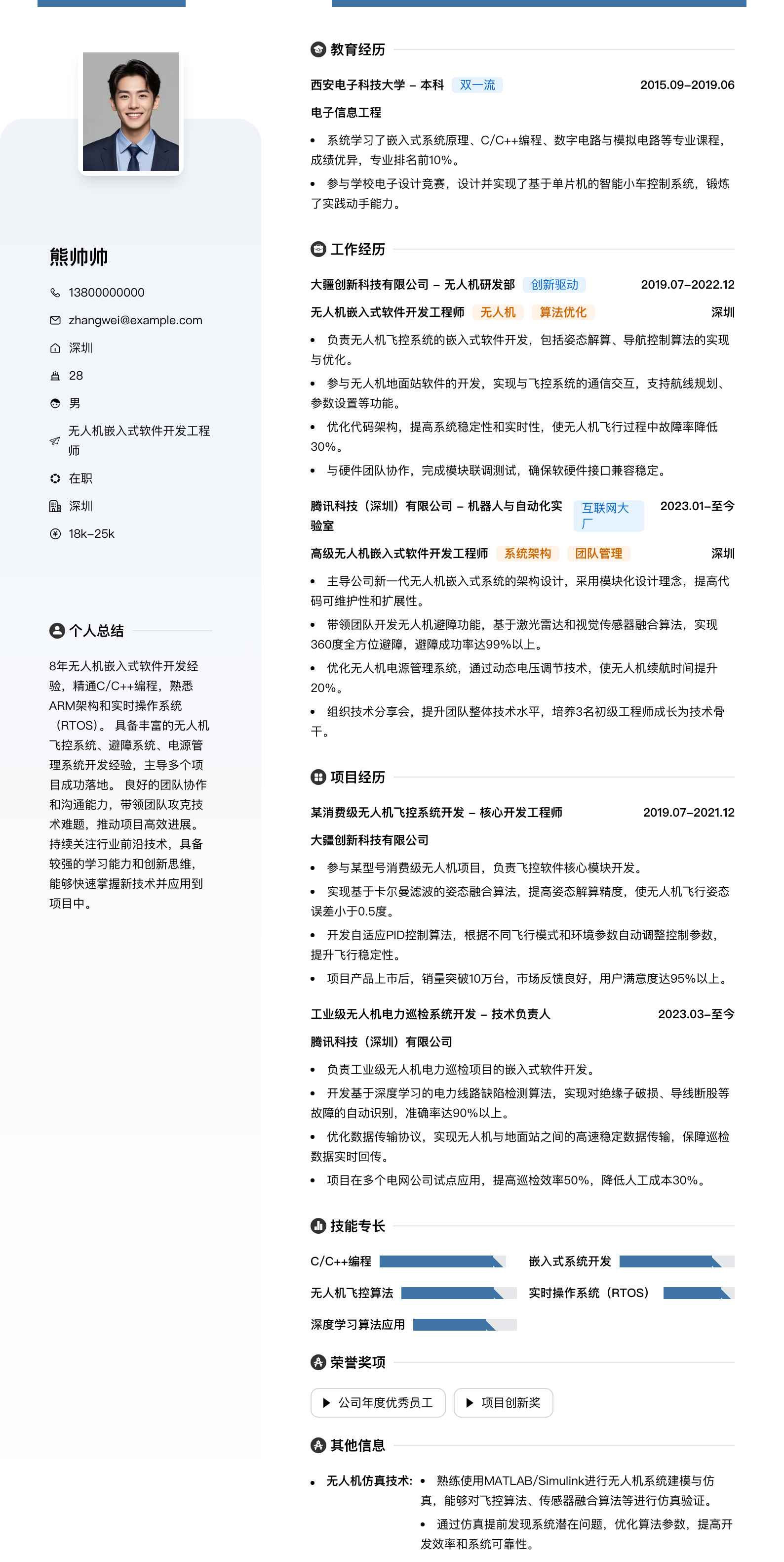 无人机嵌入式软件开发工程师简历模板