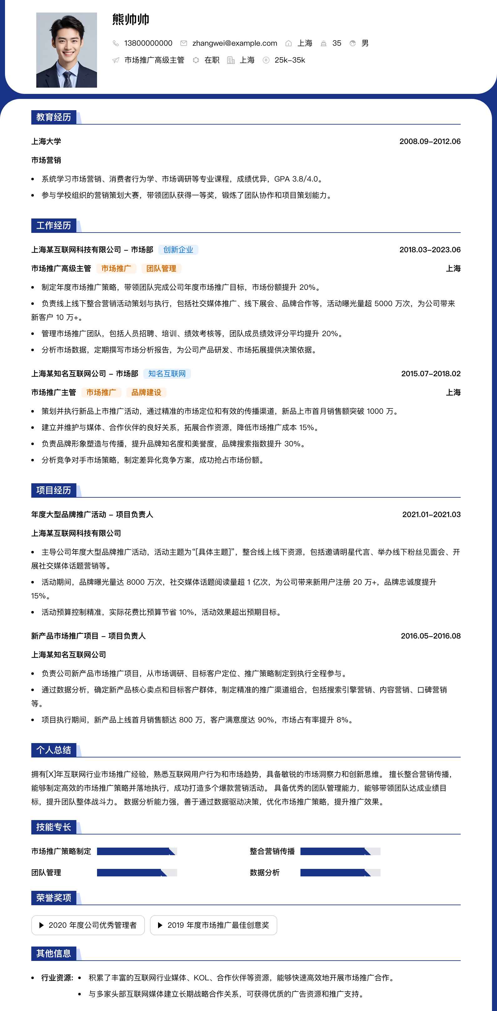 市场推广高级主管简历模板