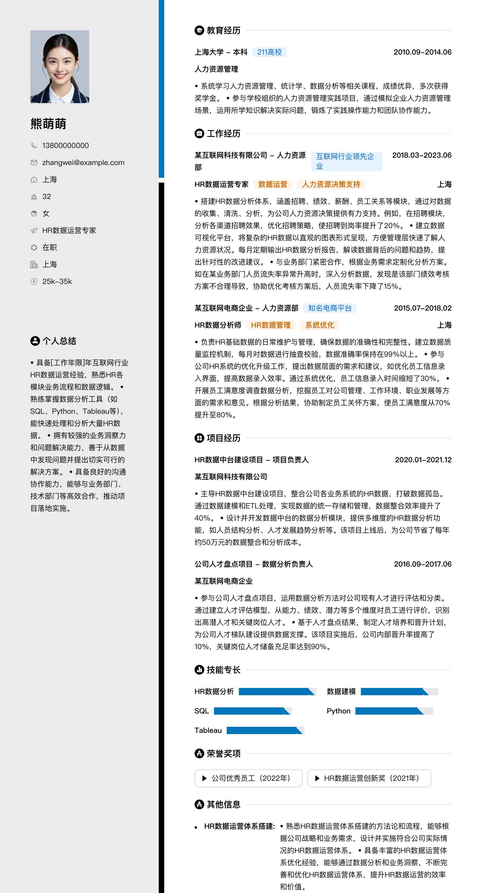 hr数据运营专家简历模板