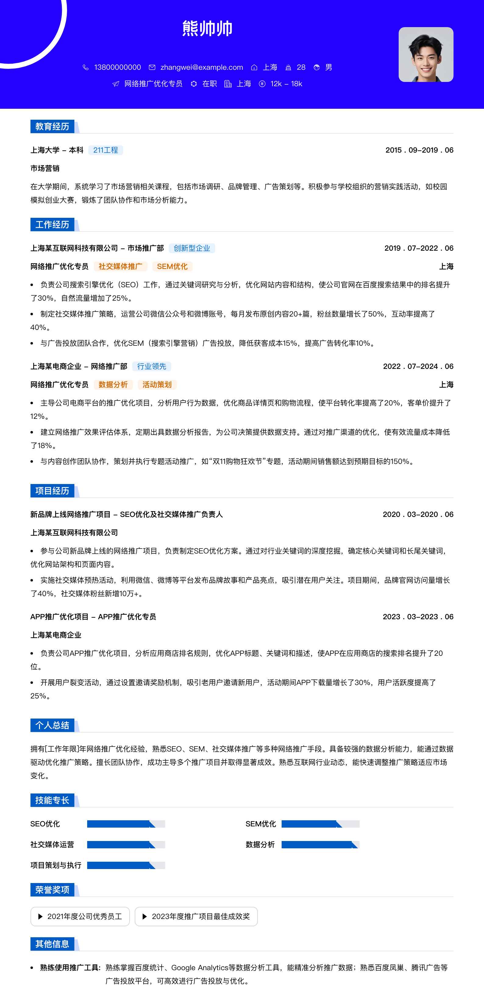 网络推广优化专员简历模板