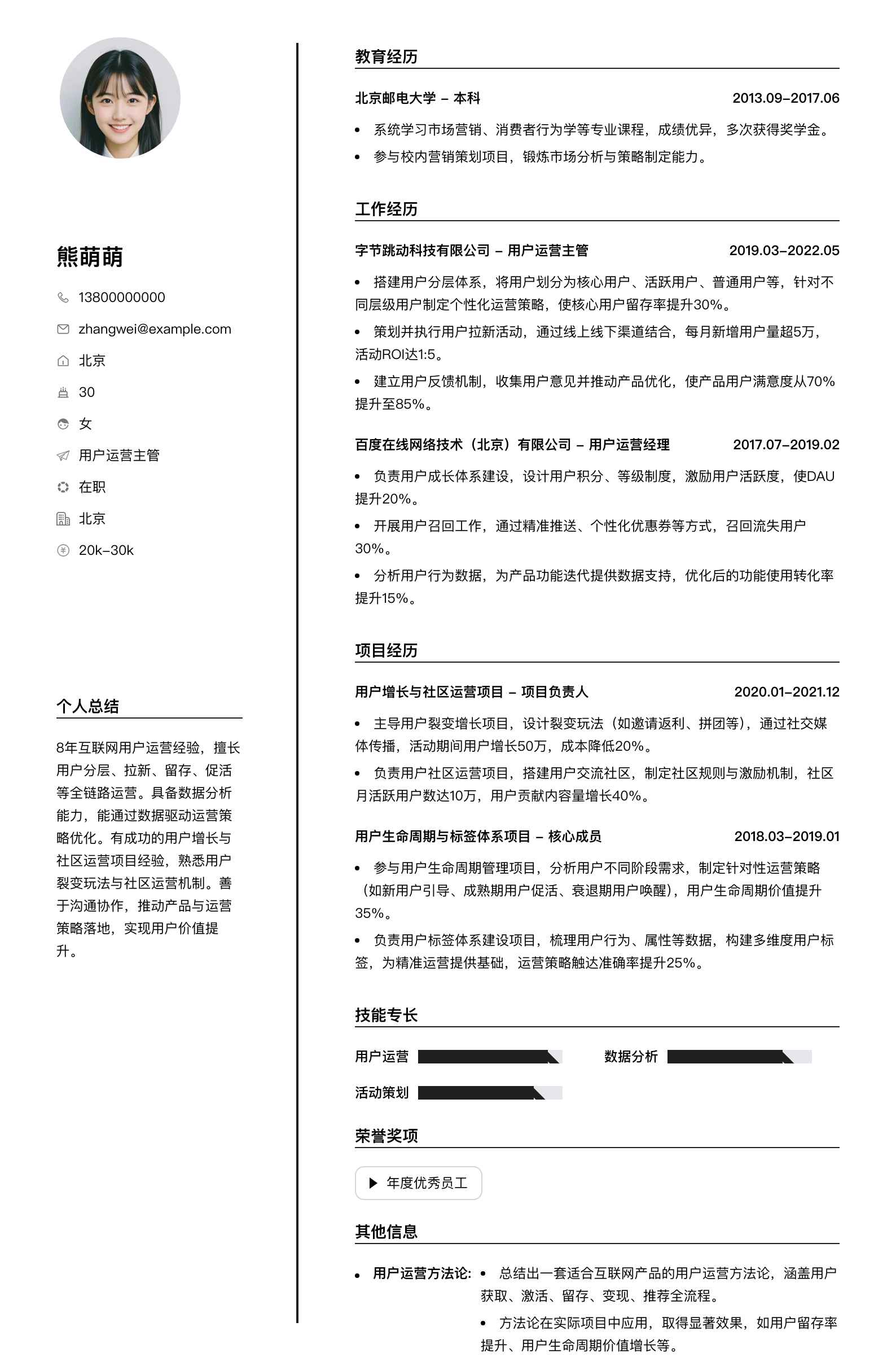 用户运营主管简历模板