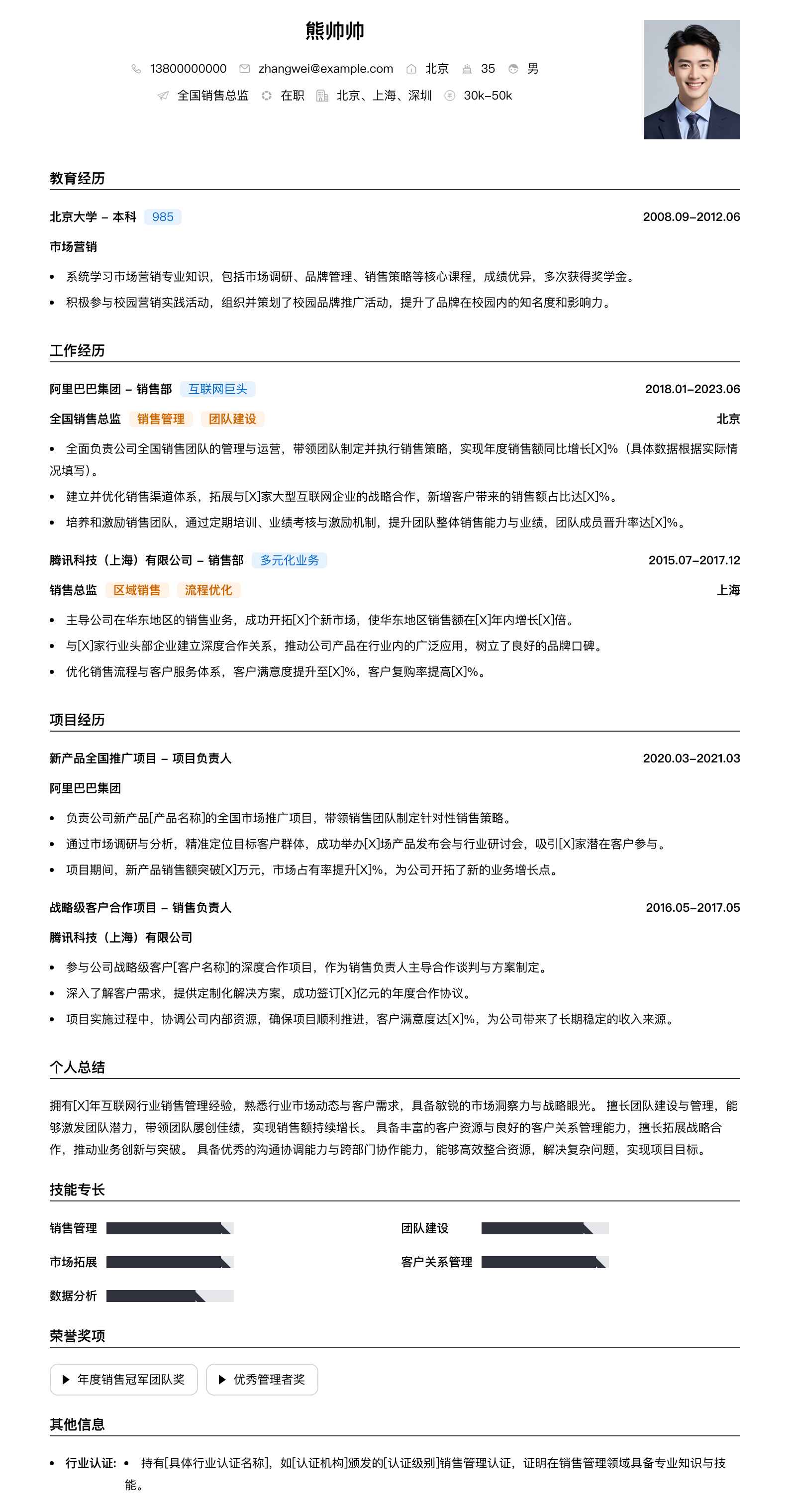 全国销售总监简历模板
