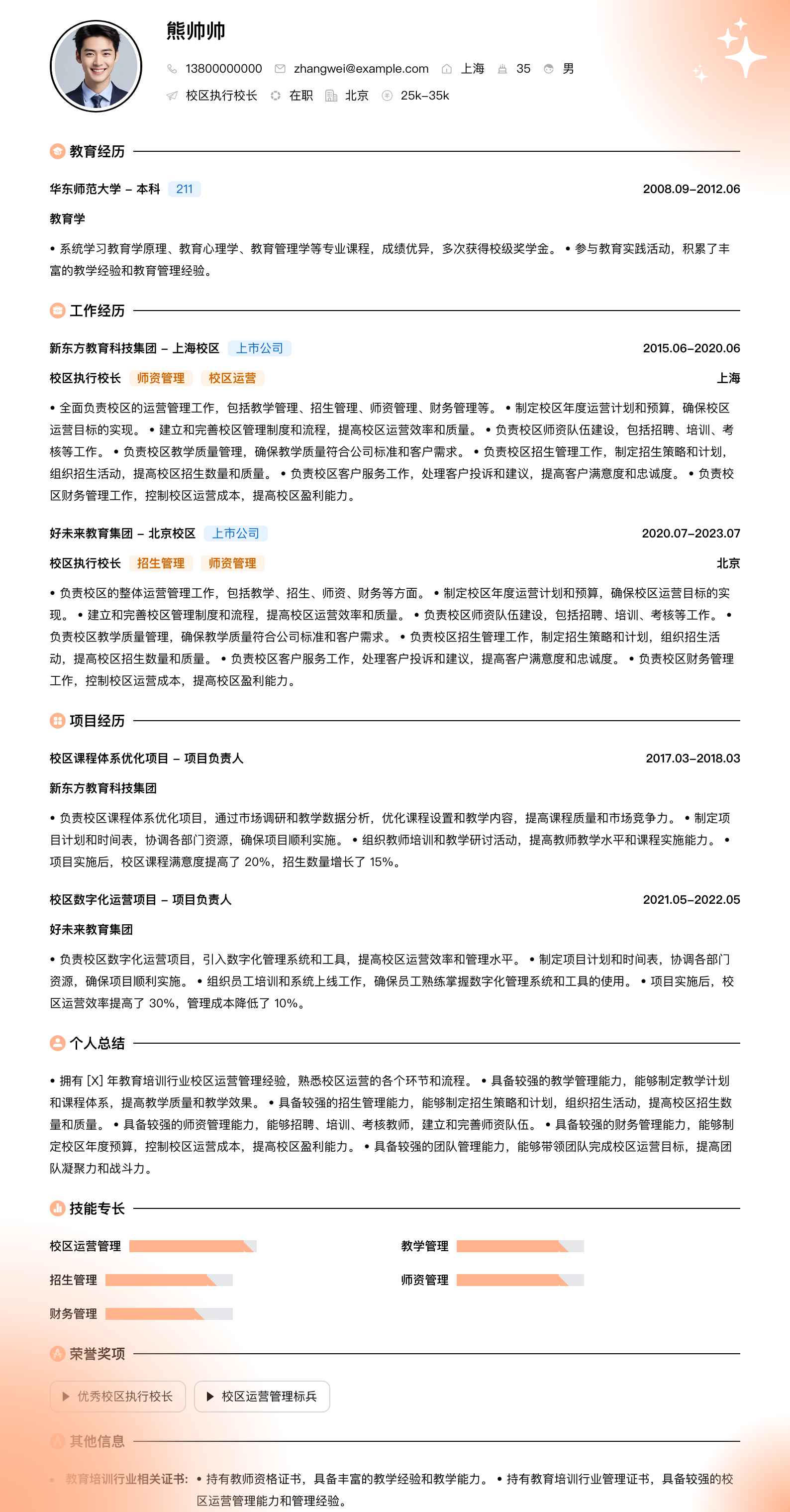 校区执行校长简历模板