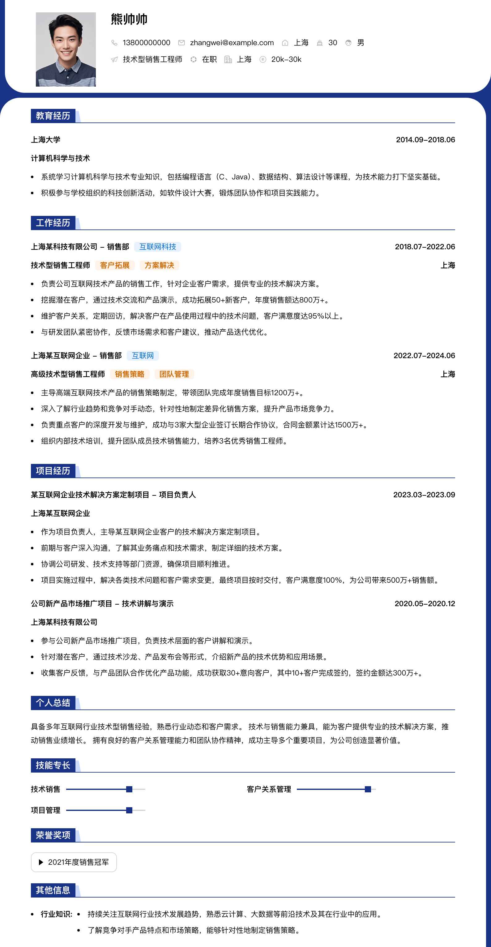 技术型销售工程师简历模板