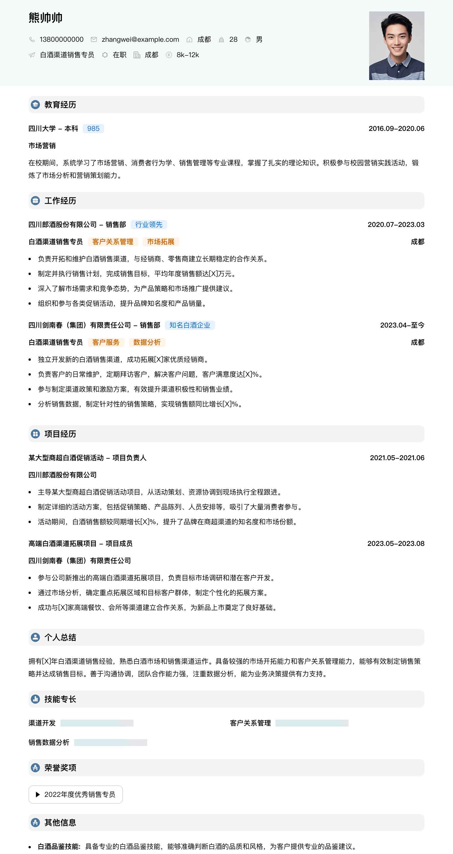 白酒渠道销售专员简历模板