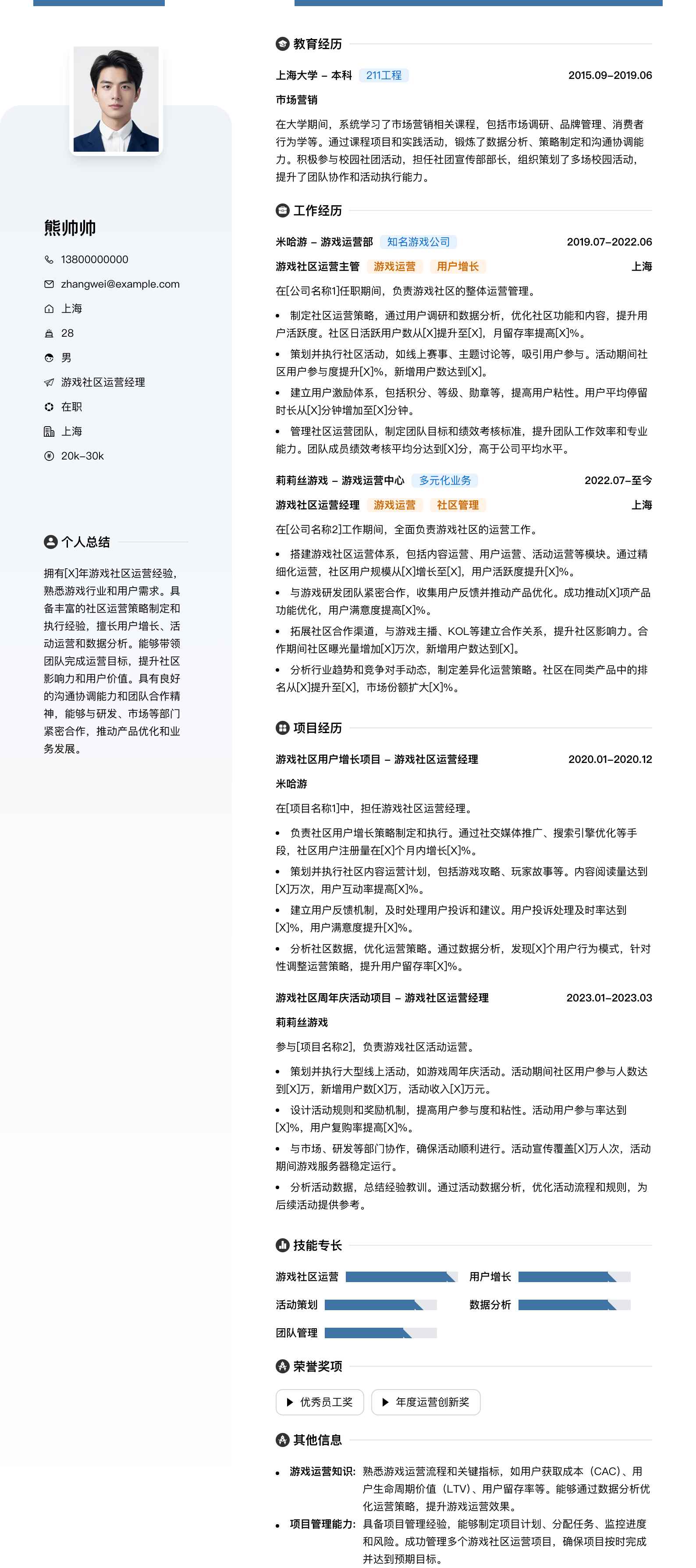 游戏社区运营经理简历模板