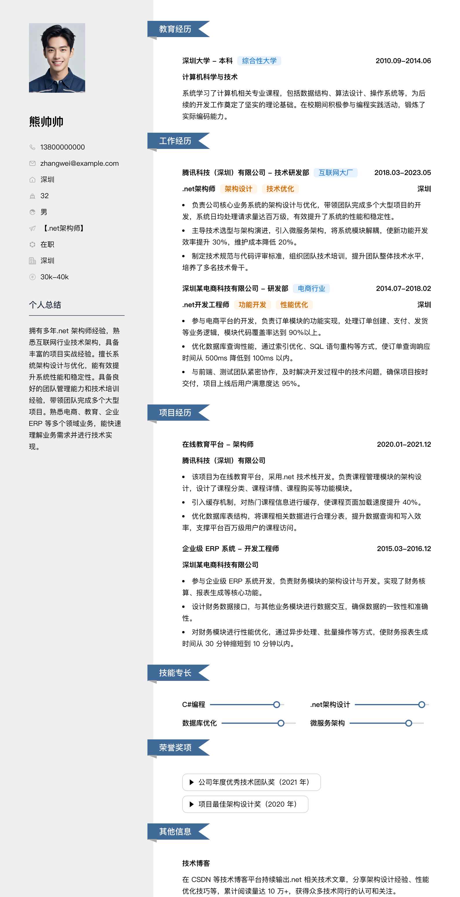 .net架构师简历模板