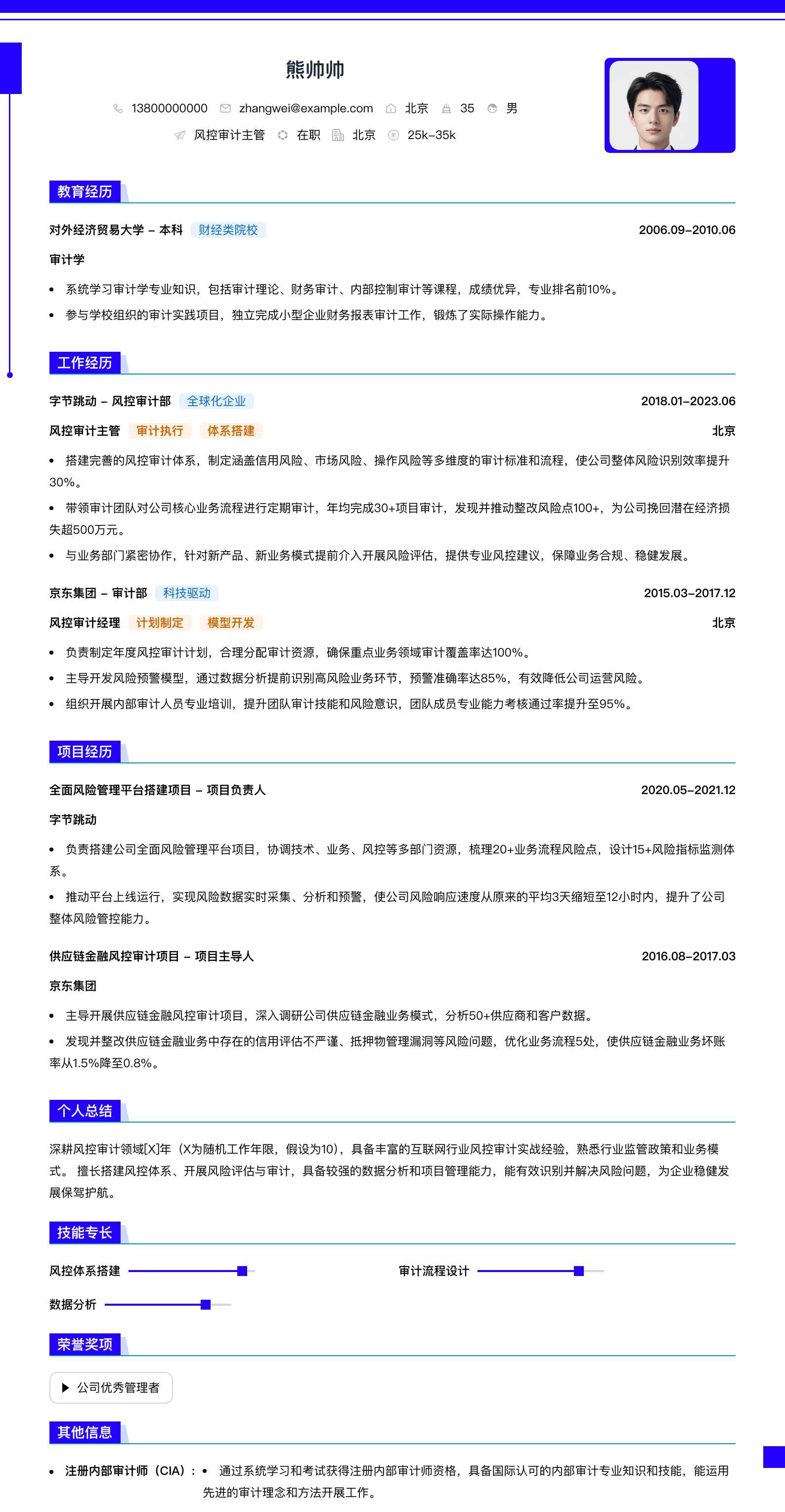 风控审计主管简历模板