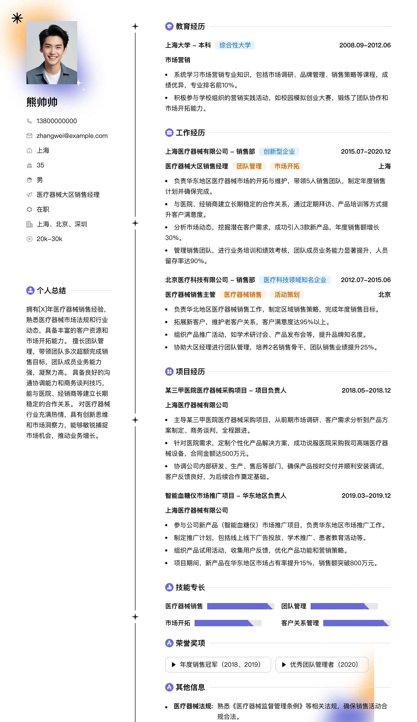 医疗器械大区销售经理简历模板