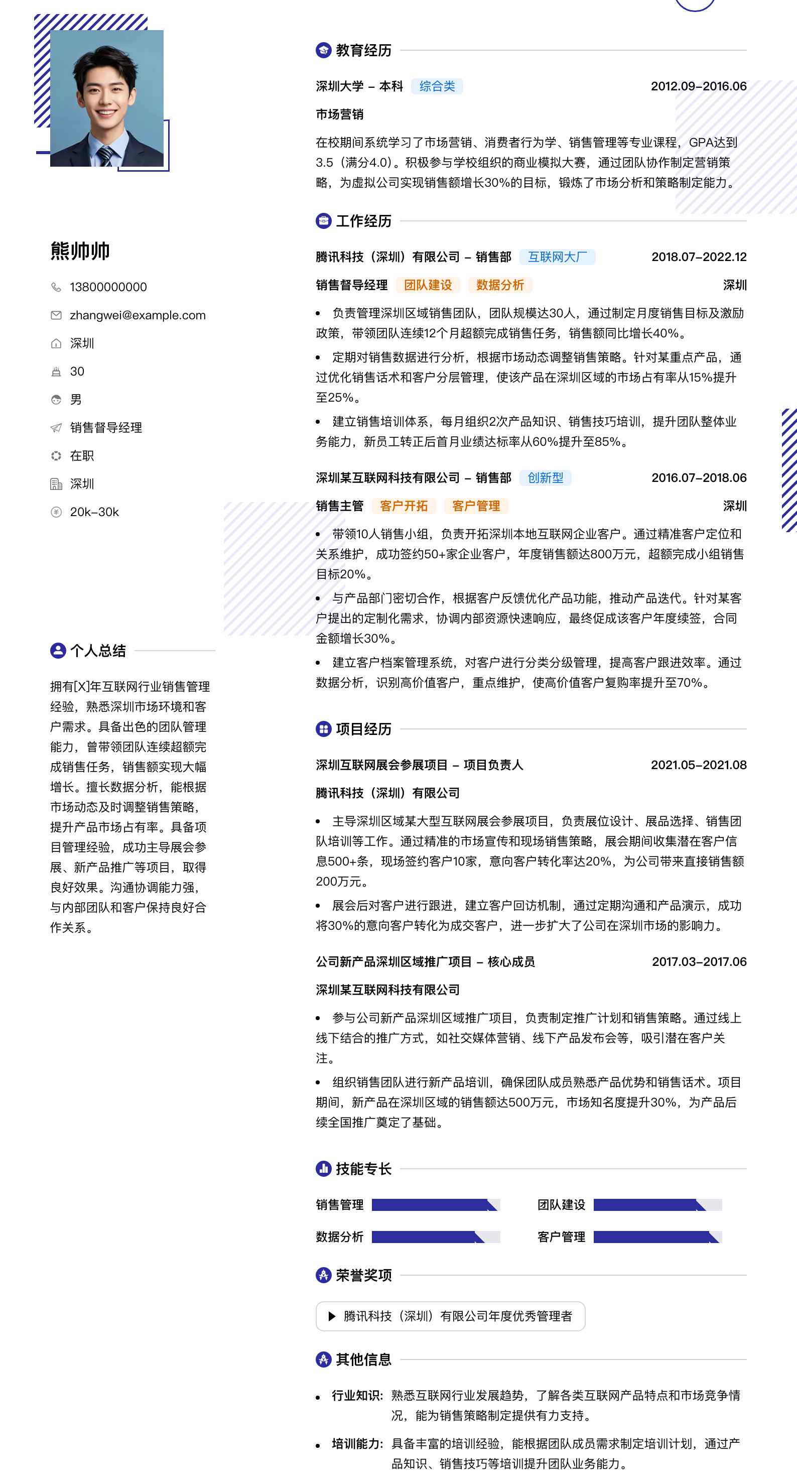 销售督导经理简历模板