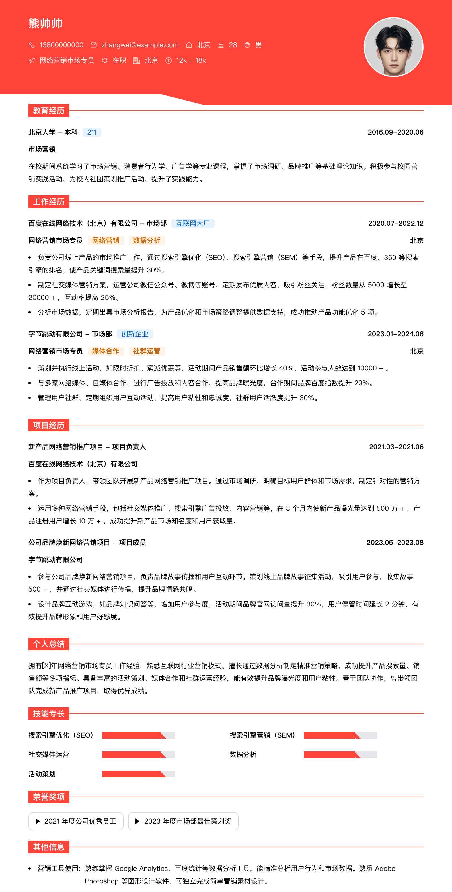 网络营销市场专员简历模板