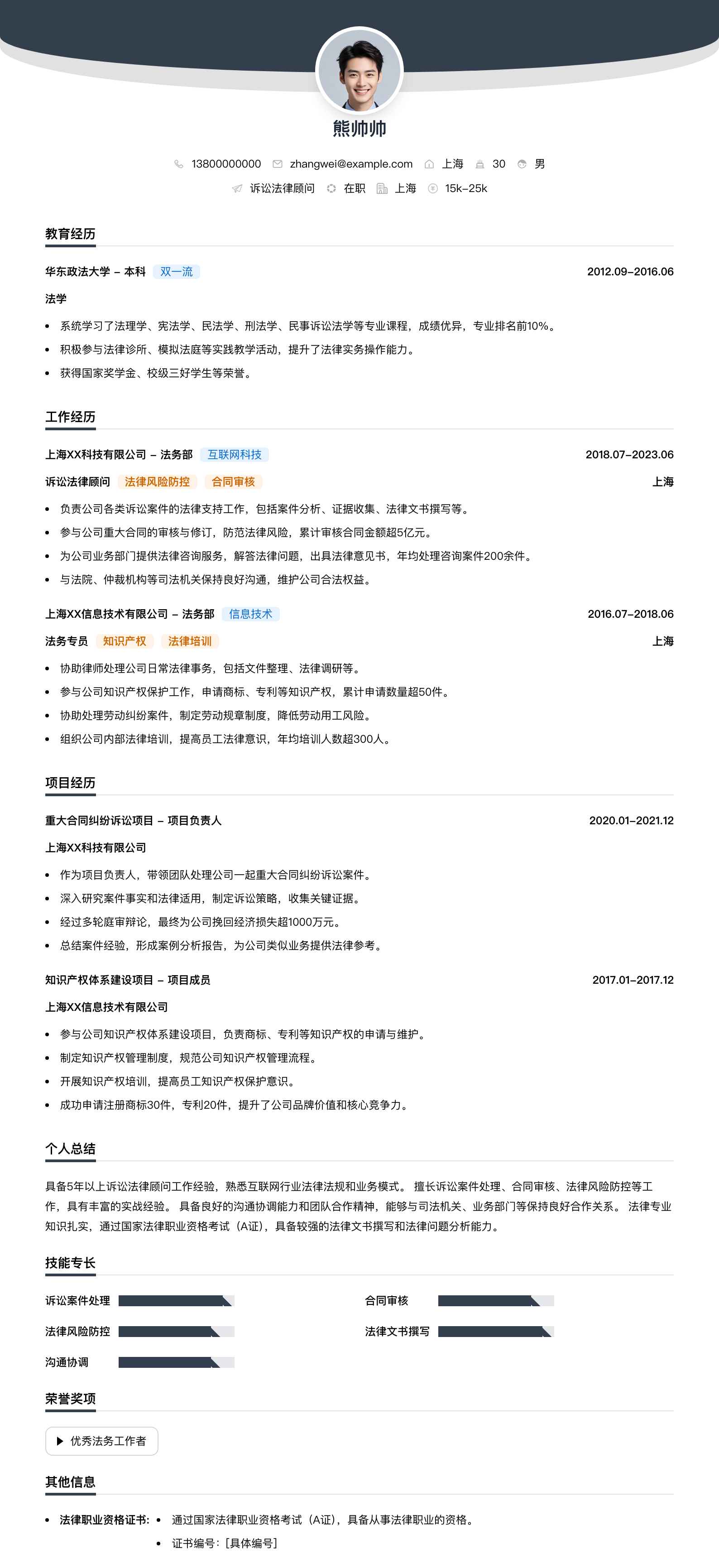 诉讼法律顾问简历模板