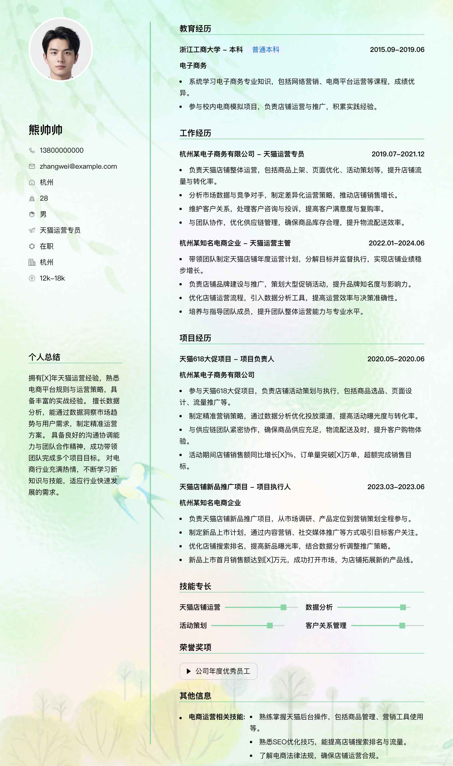 天猫运营专员简历模板