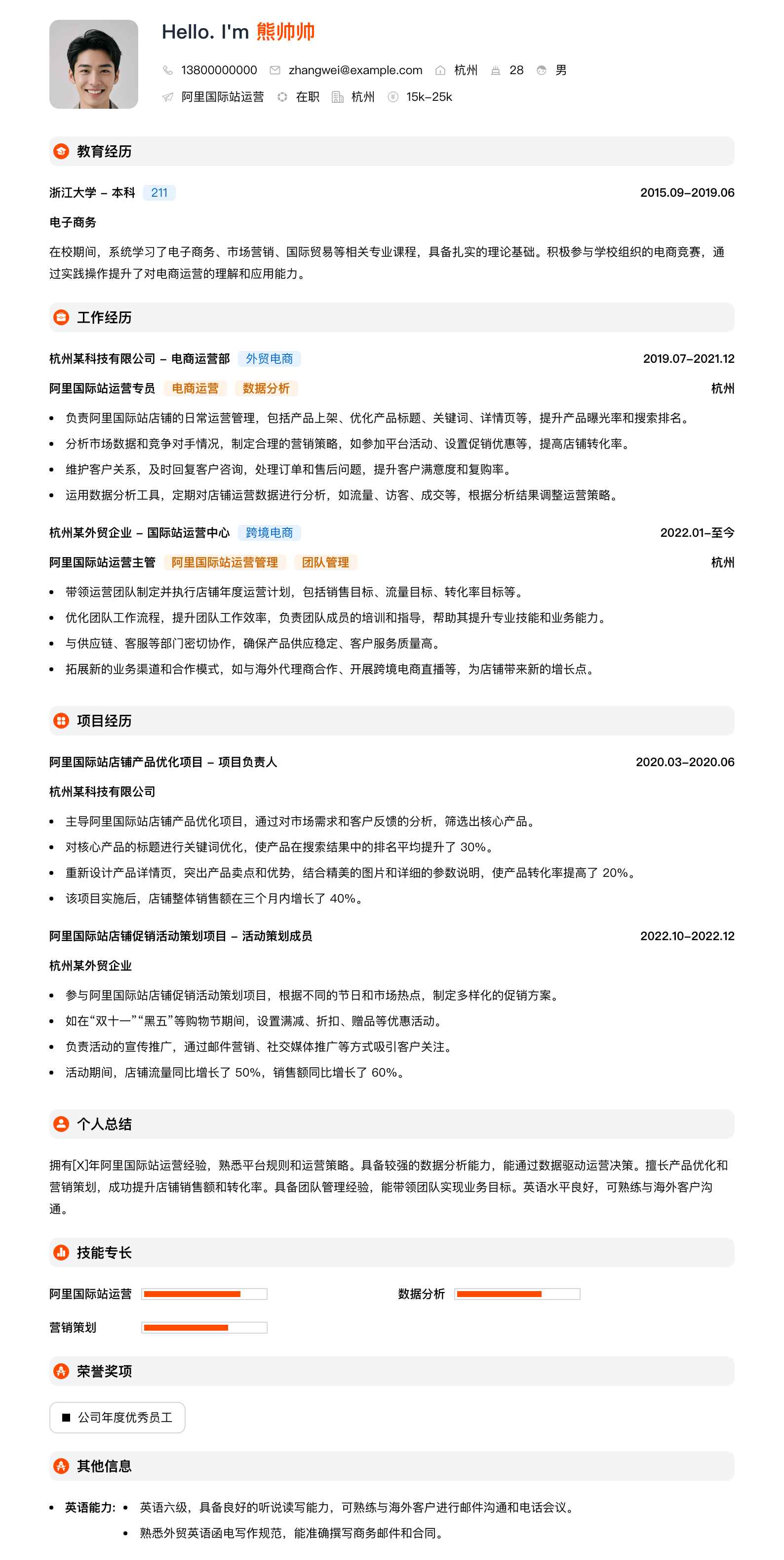 阿里国际站运营简历模板