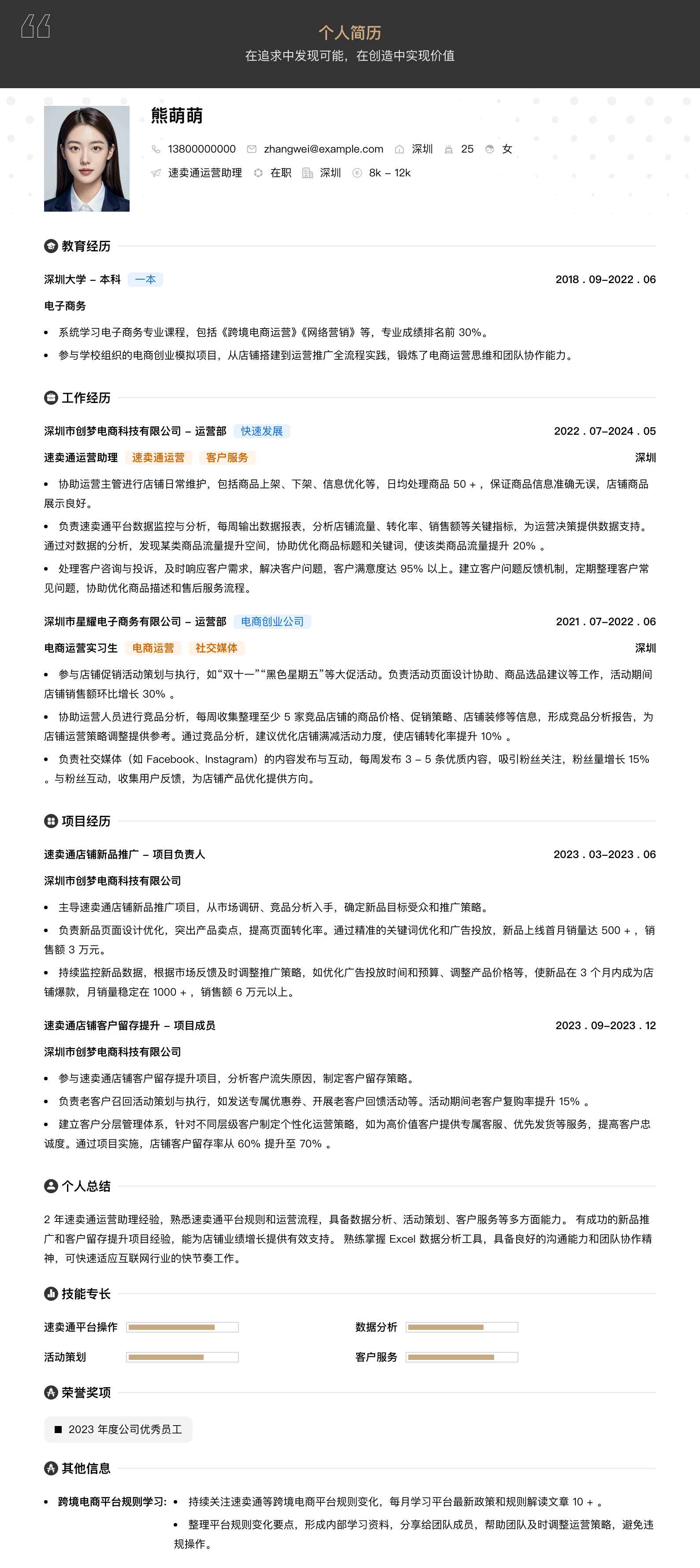 速卖通运营助理简历模板