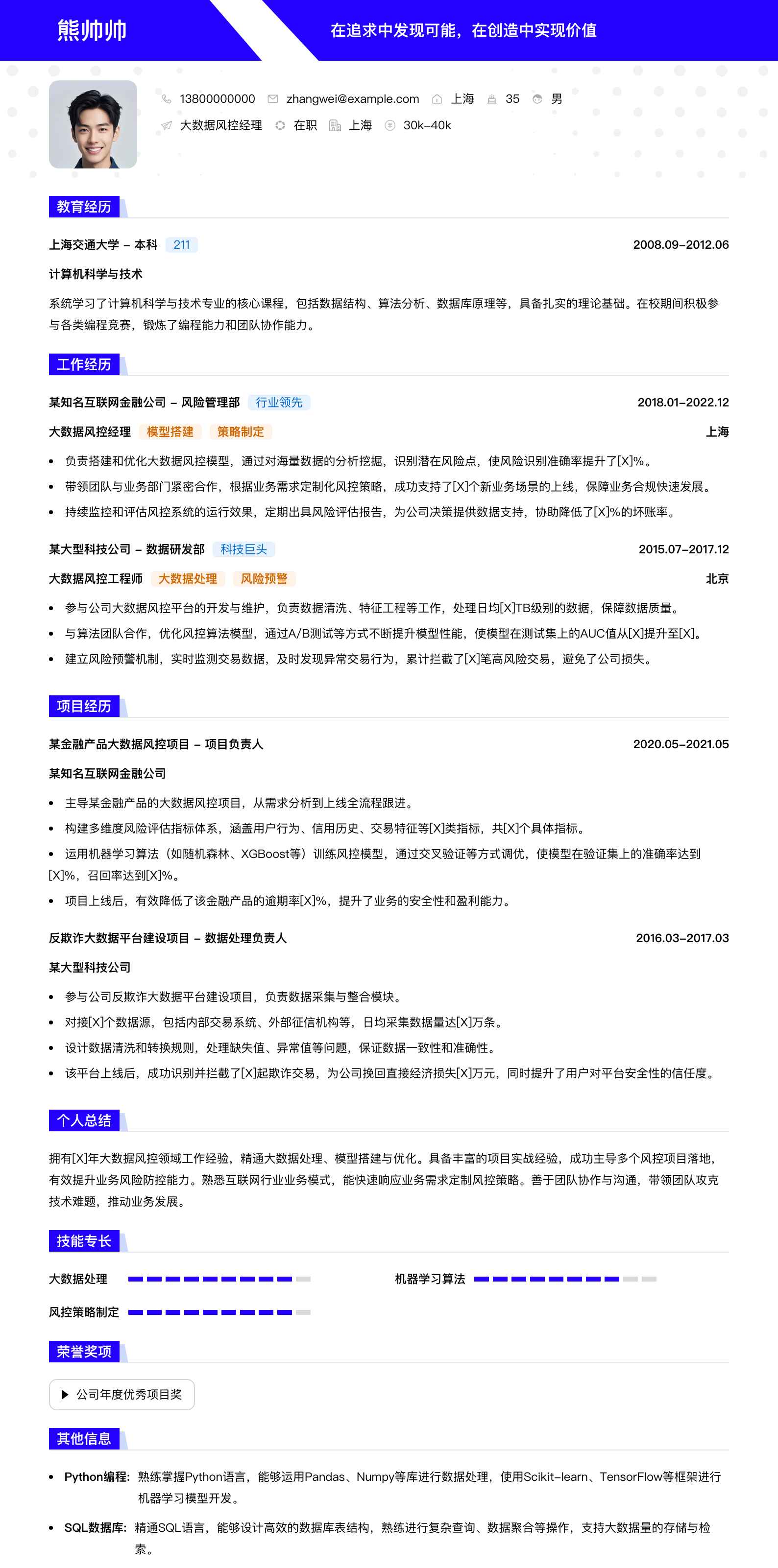 大数据风控经理简历模板