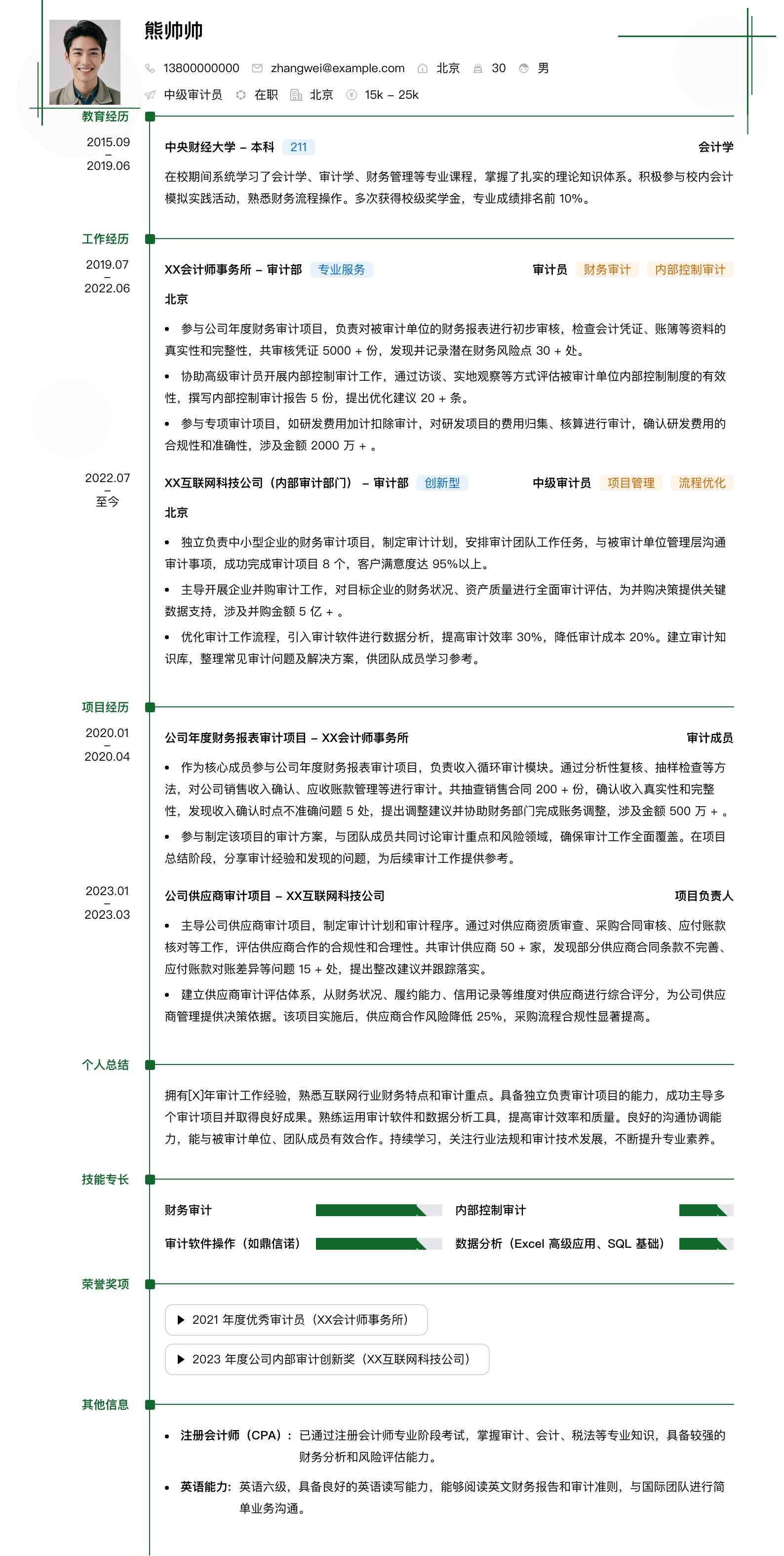 中级审计员简历模板