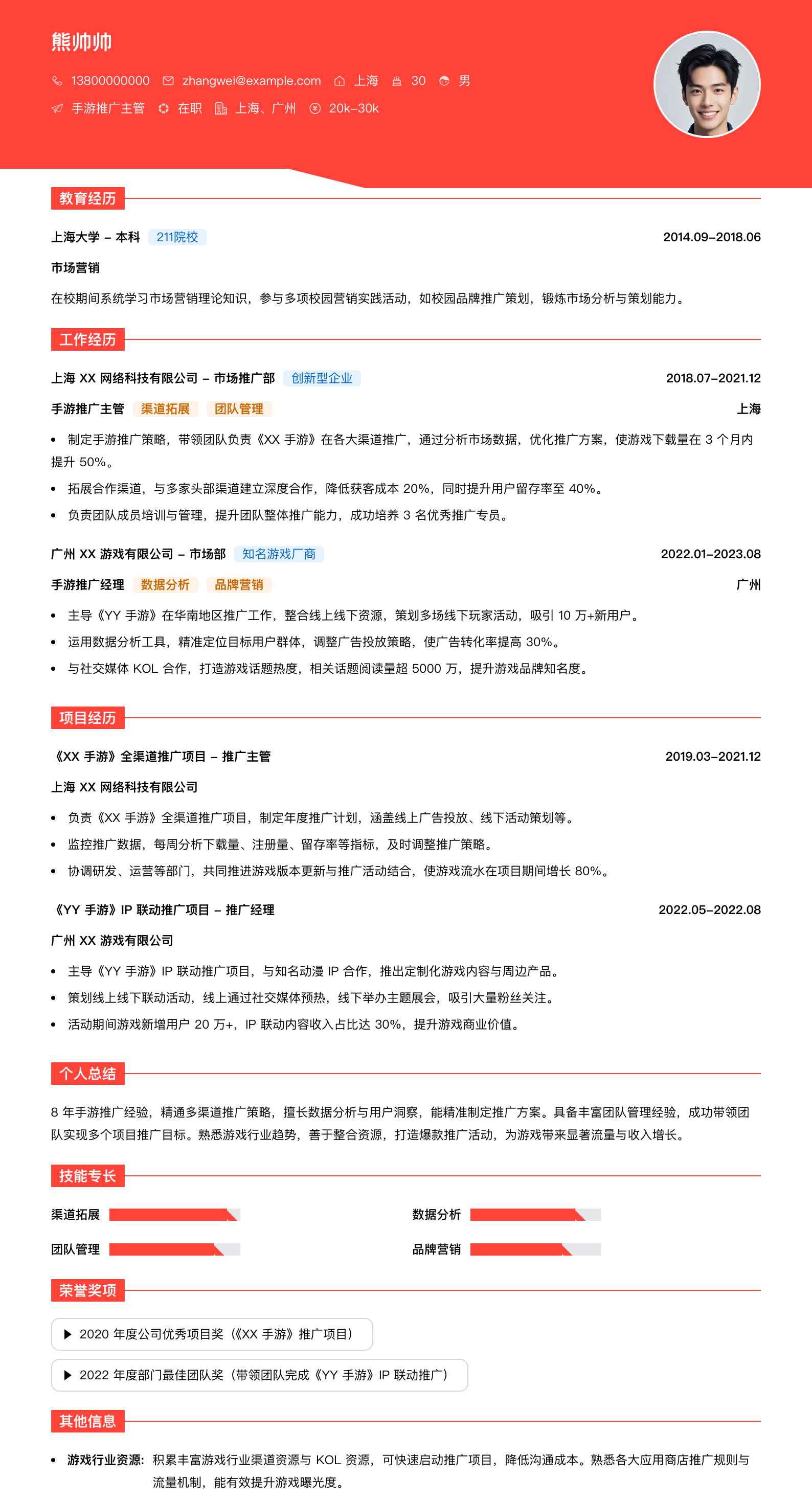 手游推广主管简历模板