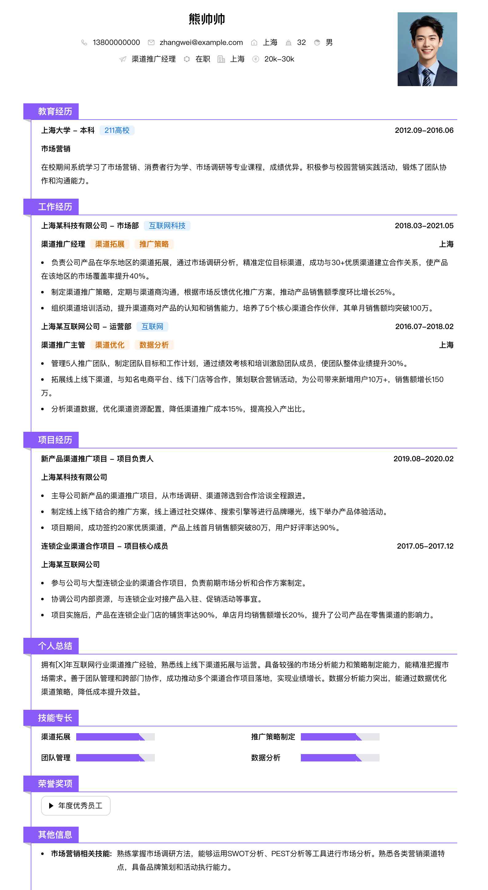 渠道推广经理简历模板