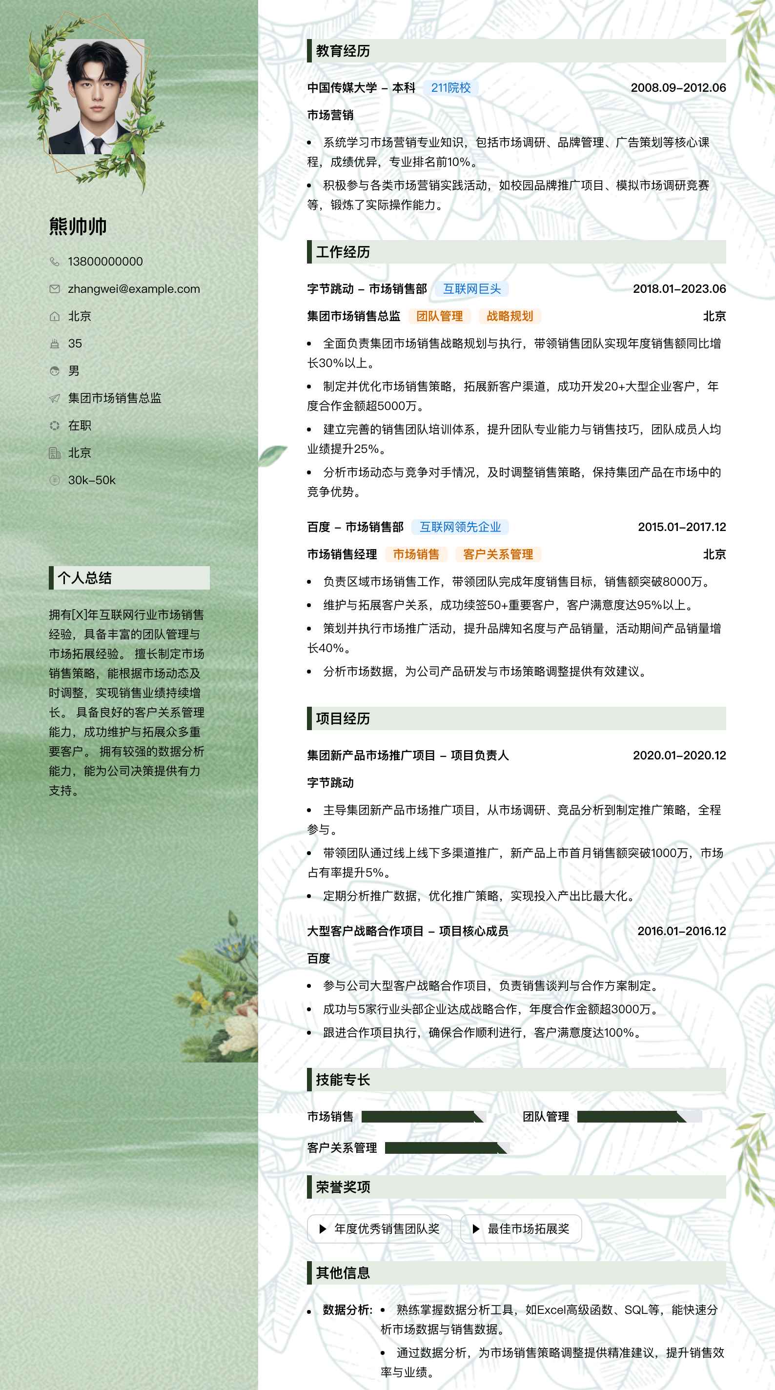 集团市场销售总监简历模板