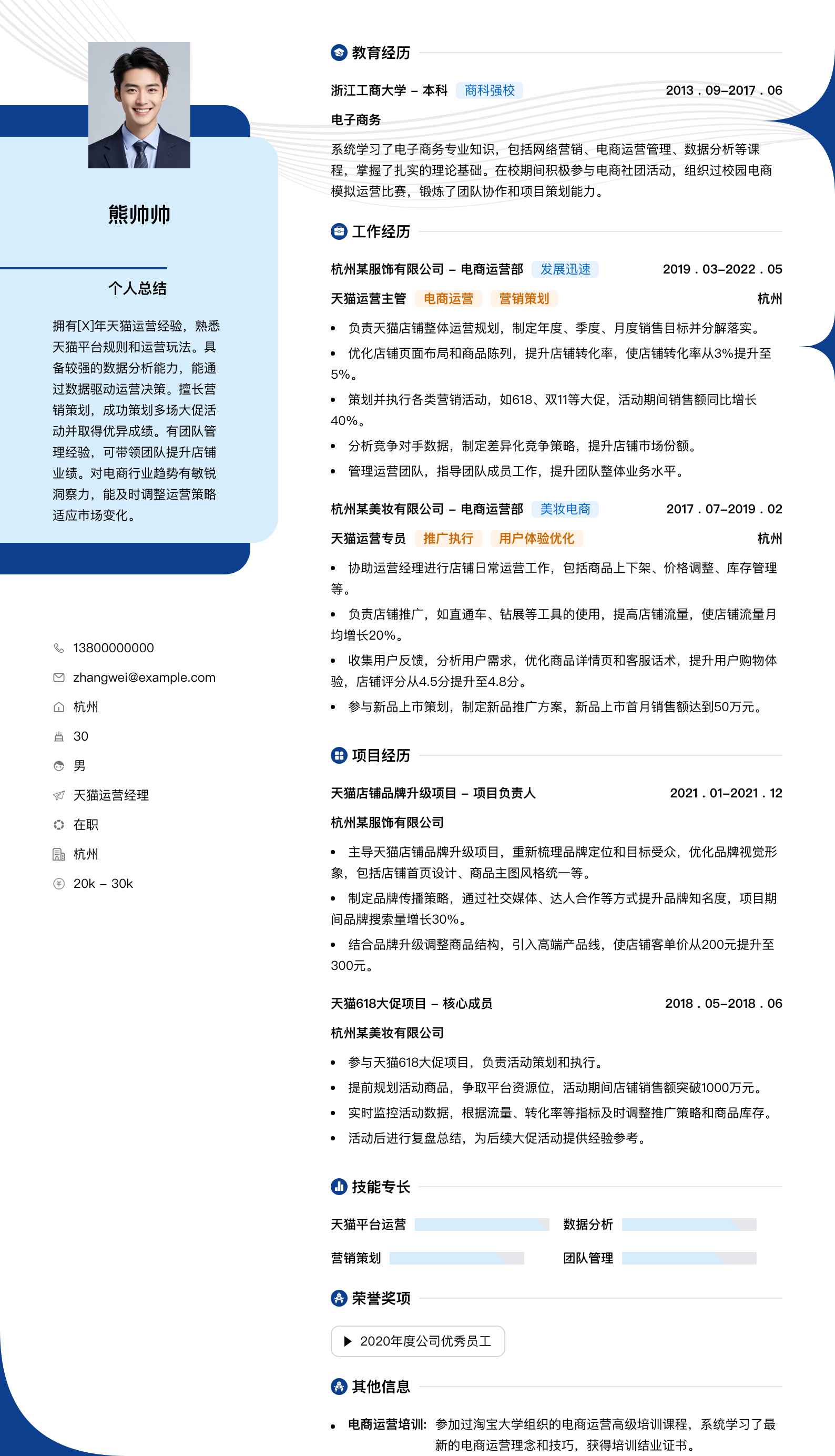 天猫运营经理简历模板