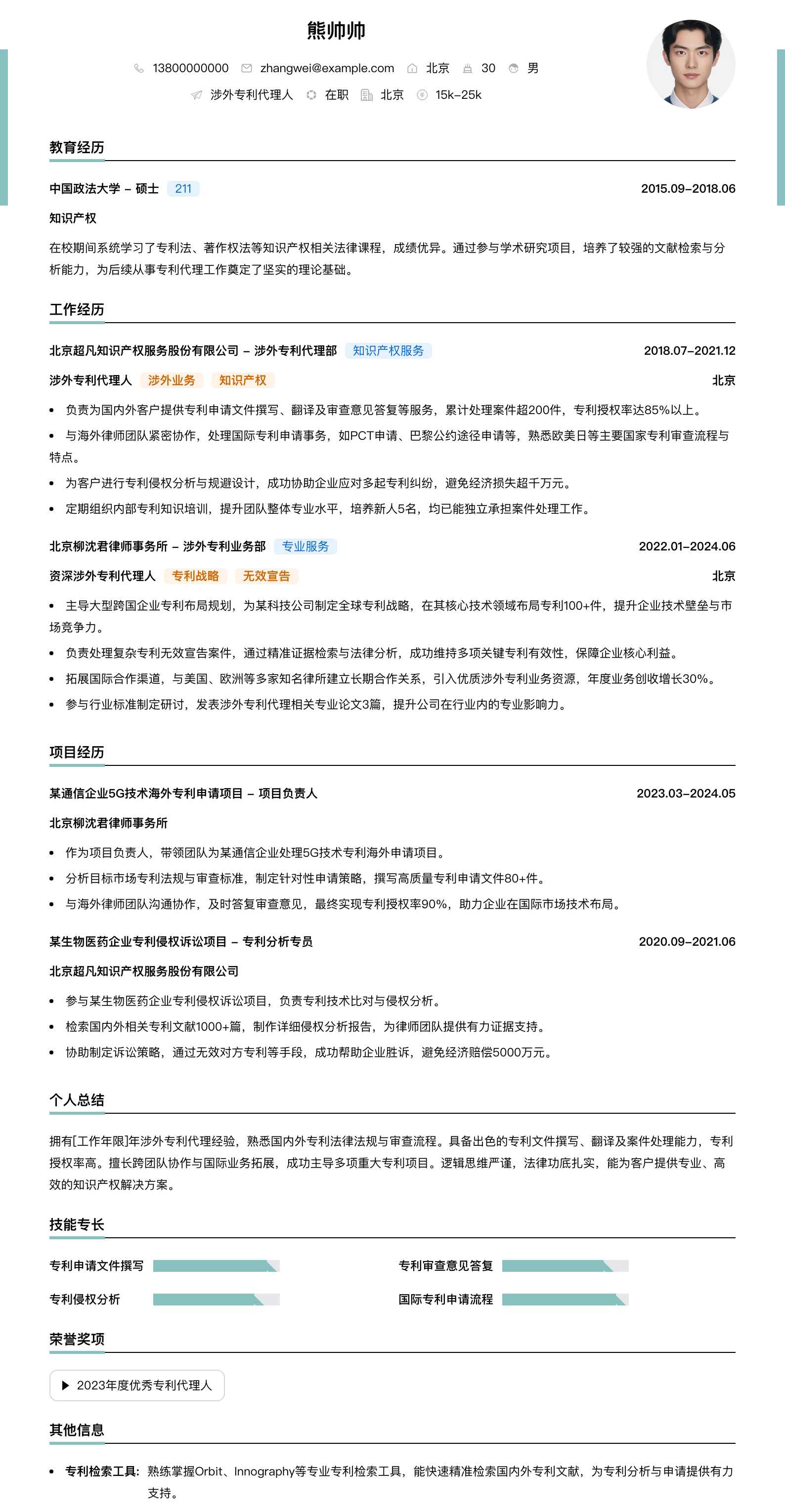 涉外专利代理人简历模板