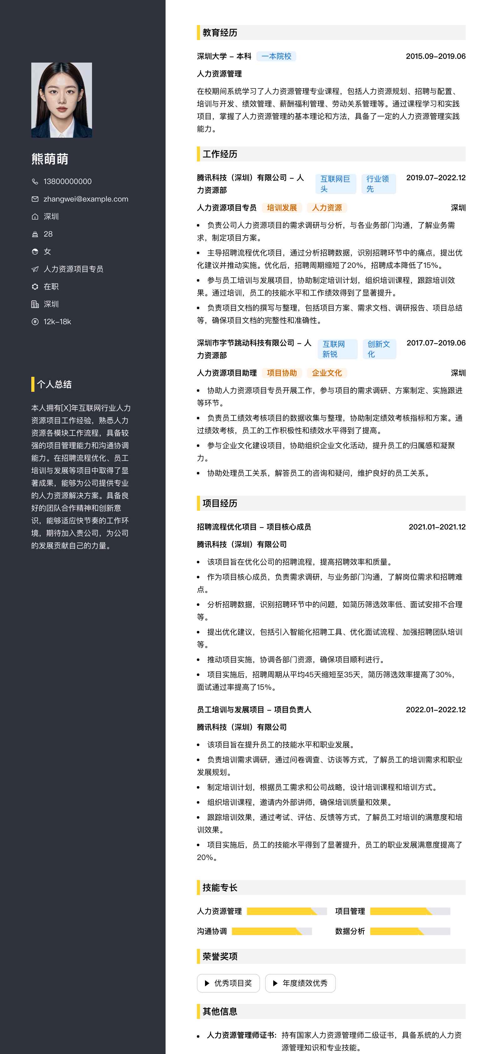 人力资源项目专员简历模板