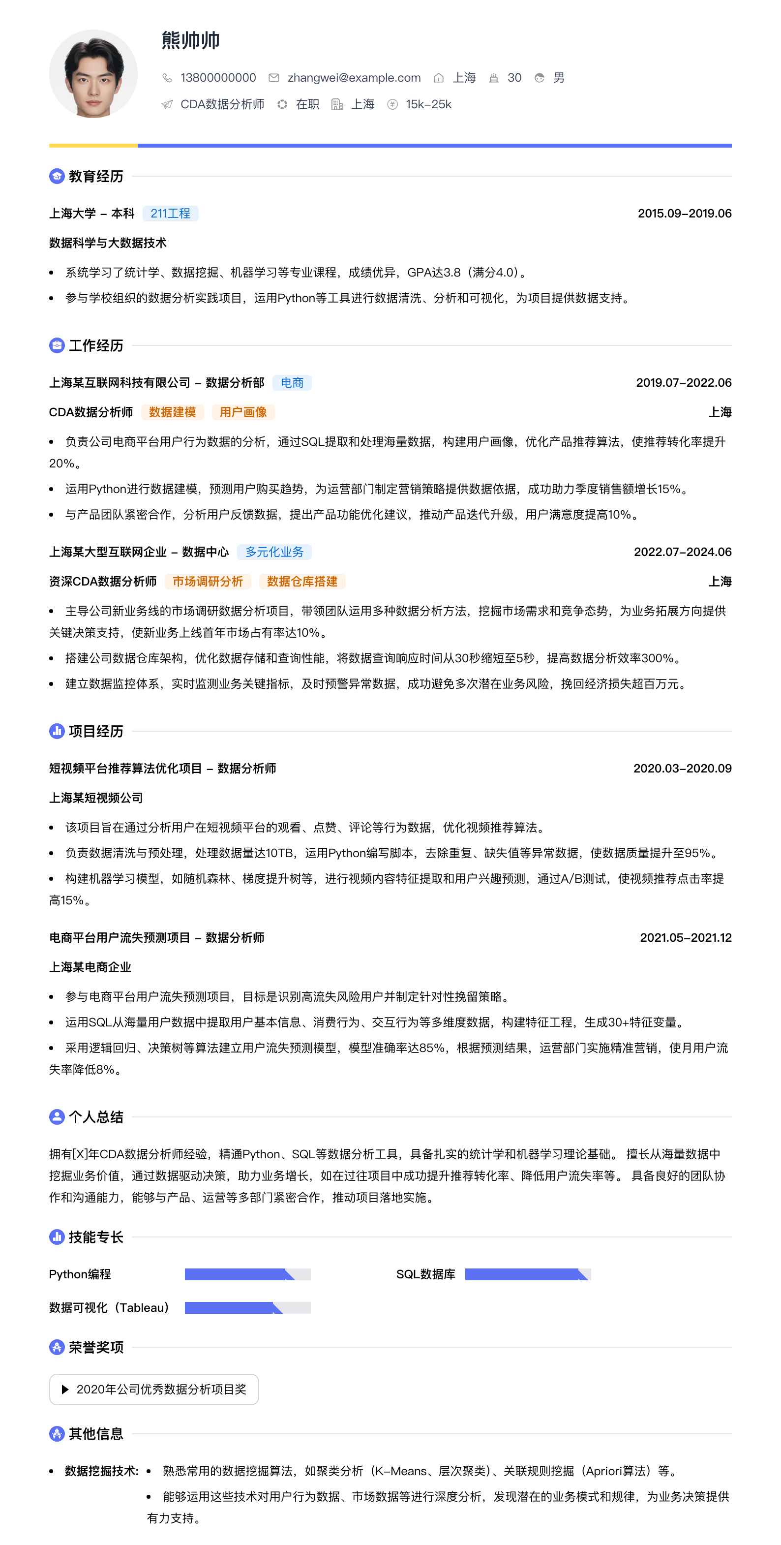 CDA数据分析师简历模板