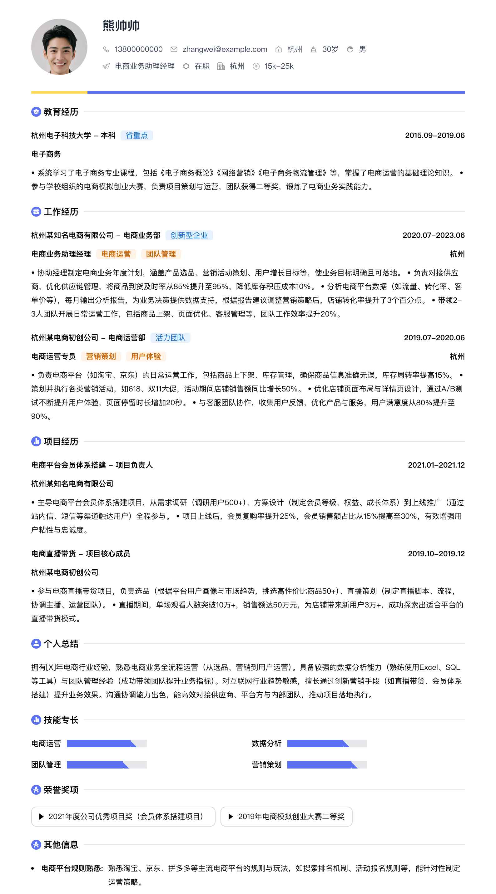 电商业务助理经理简历模板