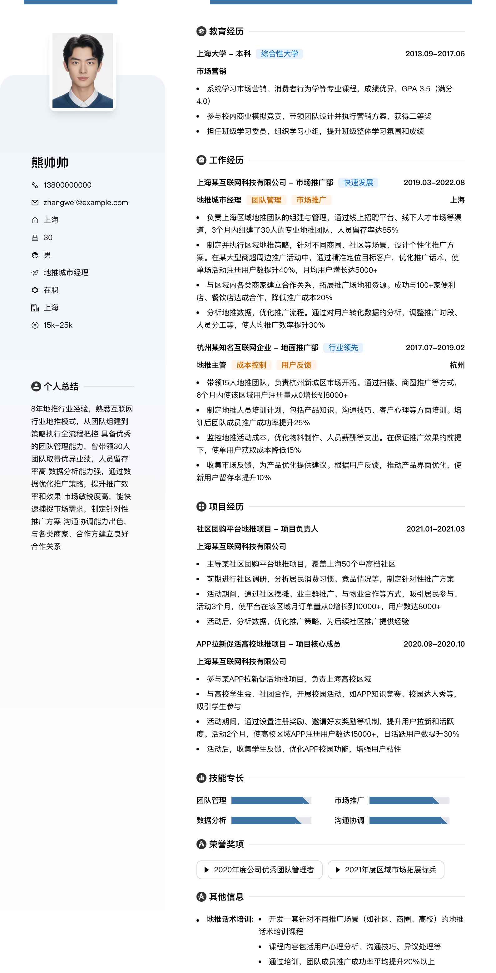 地推城市经理简历模板