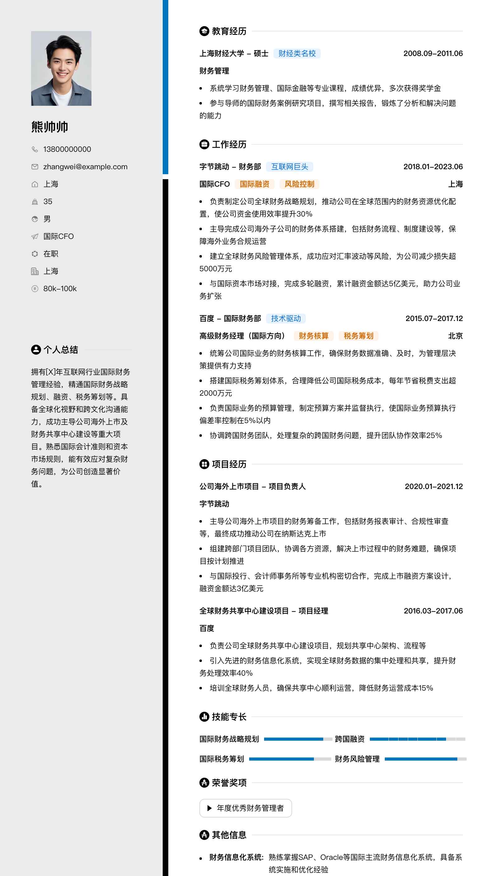 国际cfo简历模板