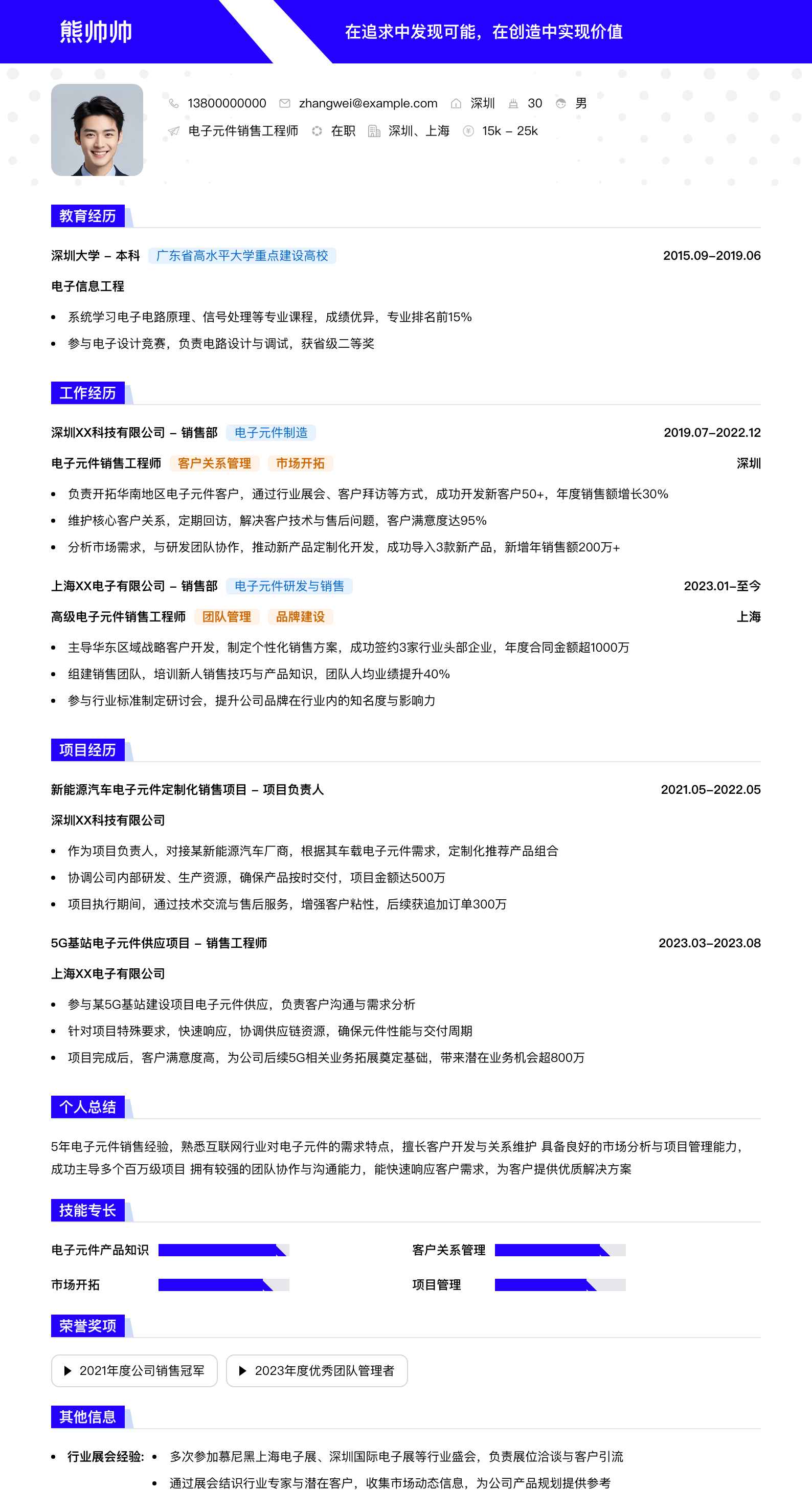 电子元件销售工程师简历模板