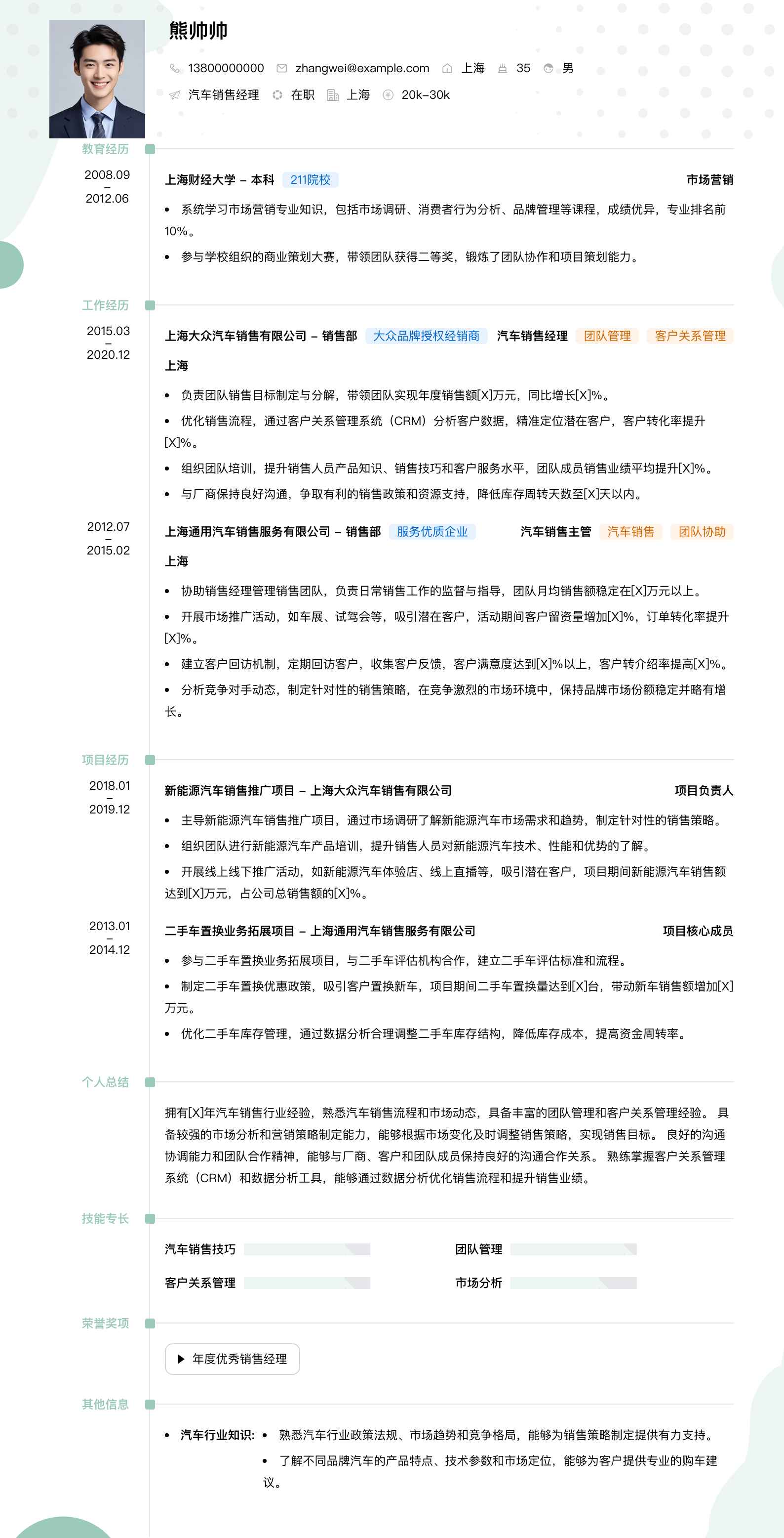 汽车销售经理简历模板