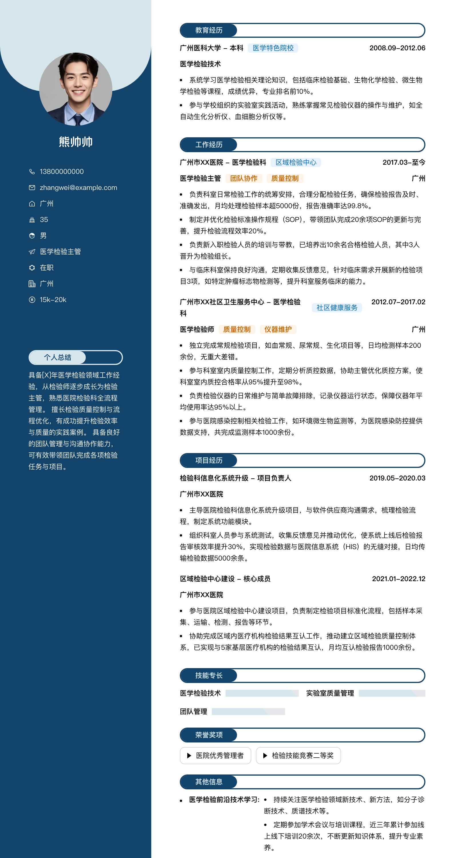 医学检验主管简历模板