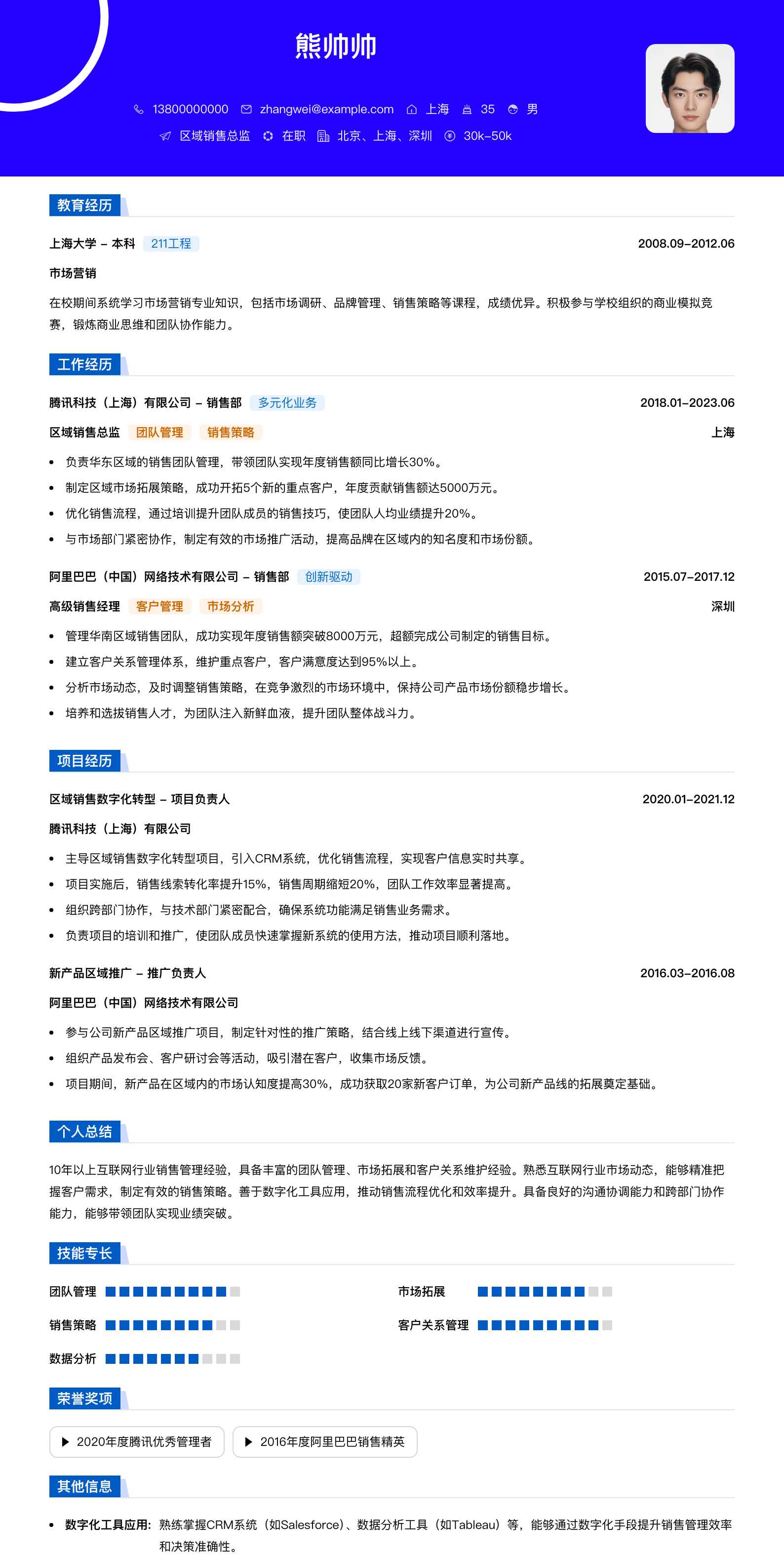 区域销售总监简历模板