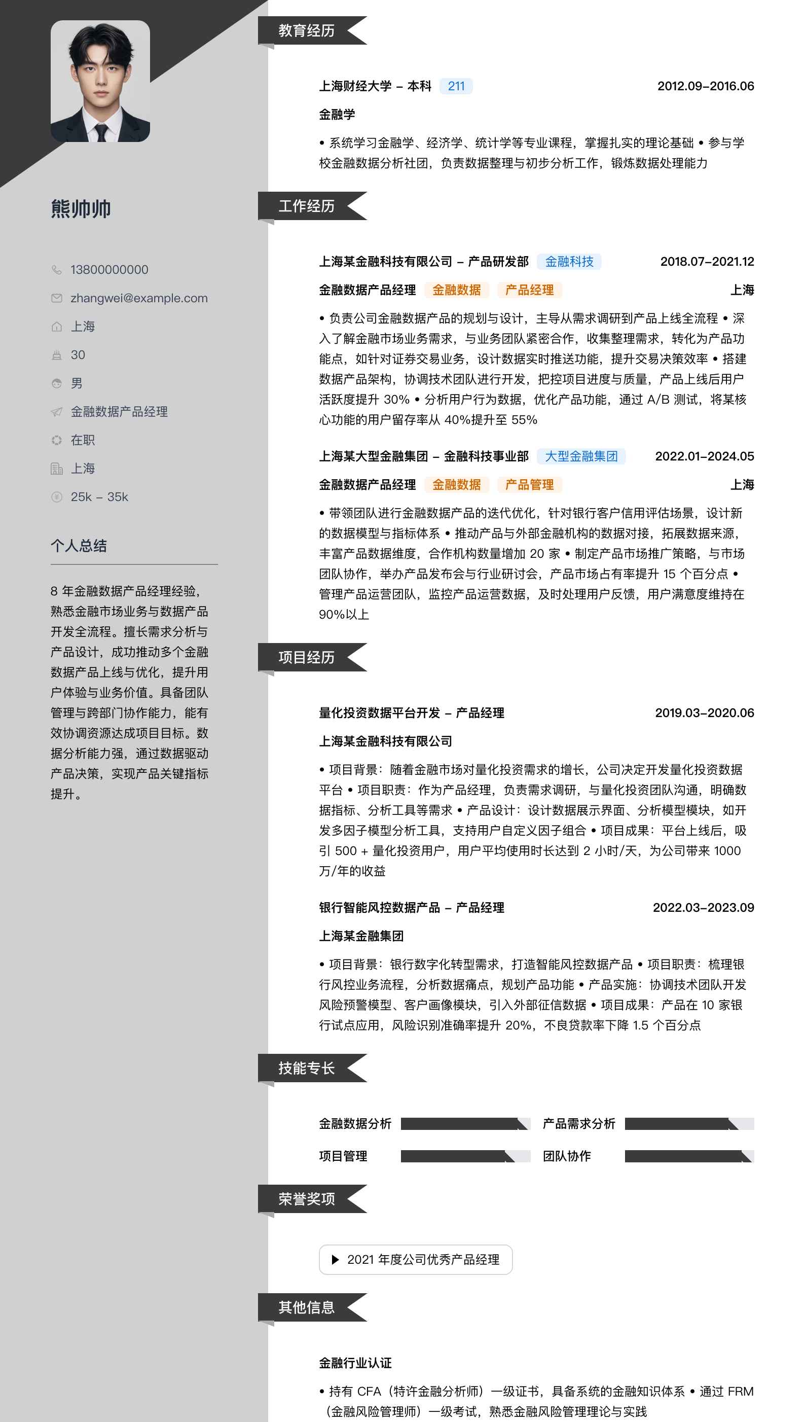 金融数据产品经理简历模板