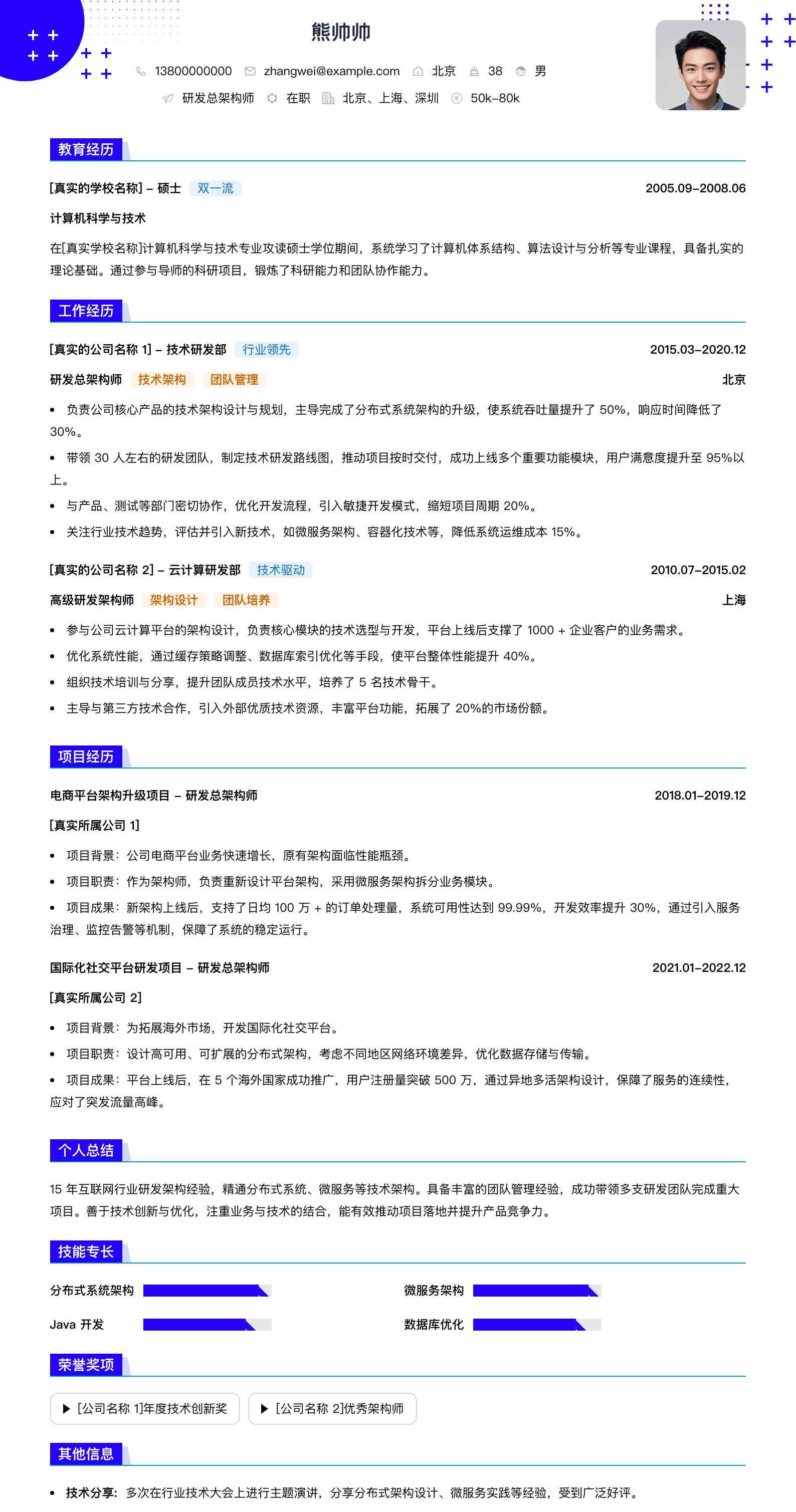 研发总架构师简历模板