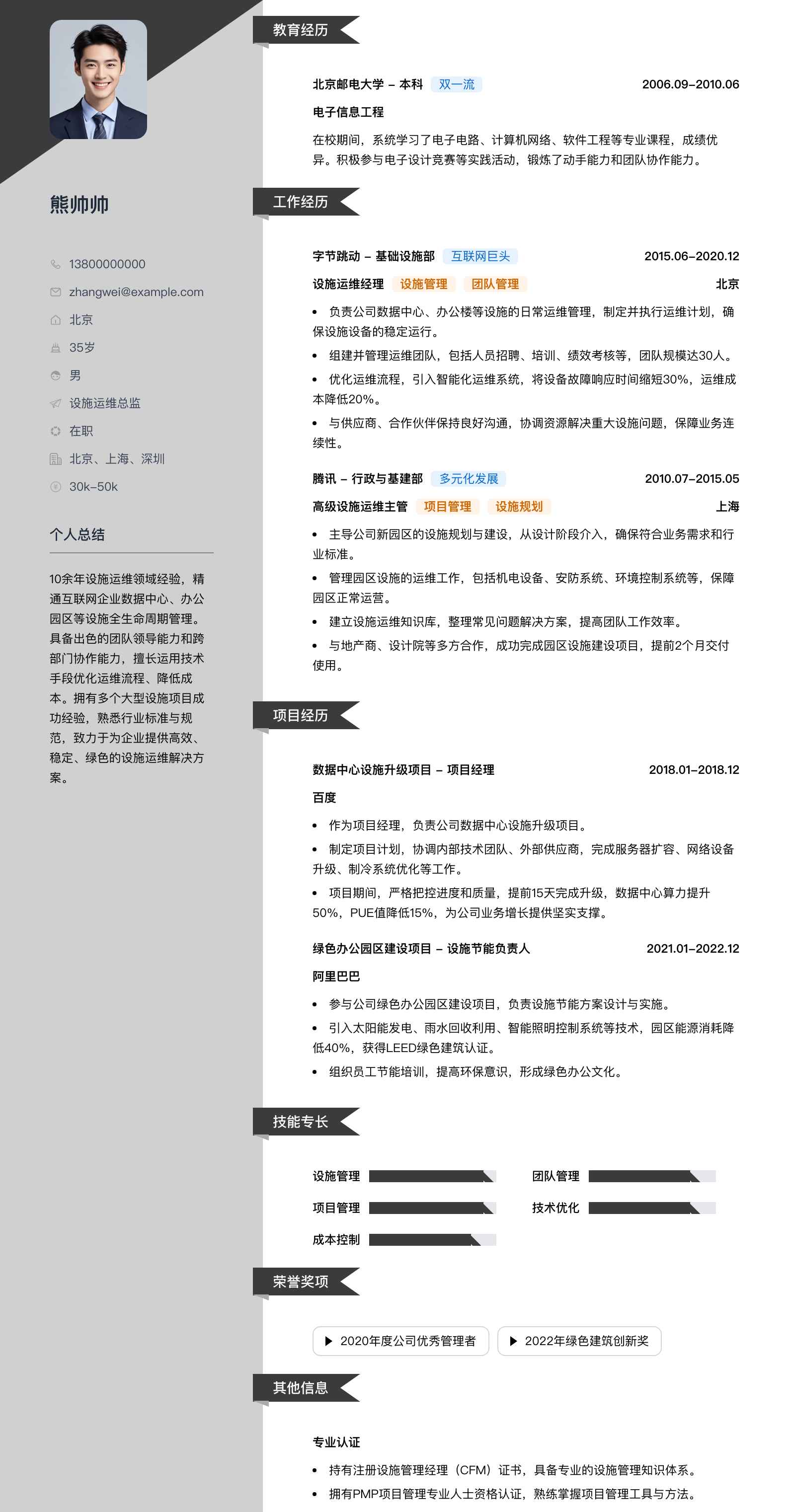 设施运维总监简历模板