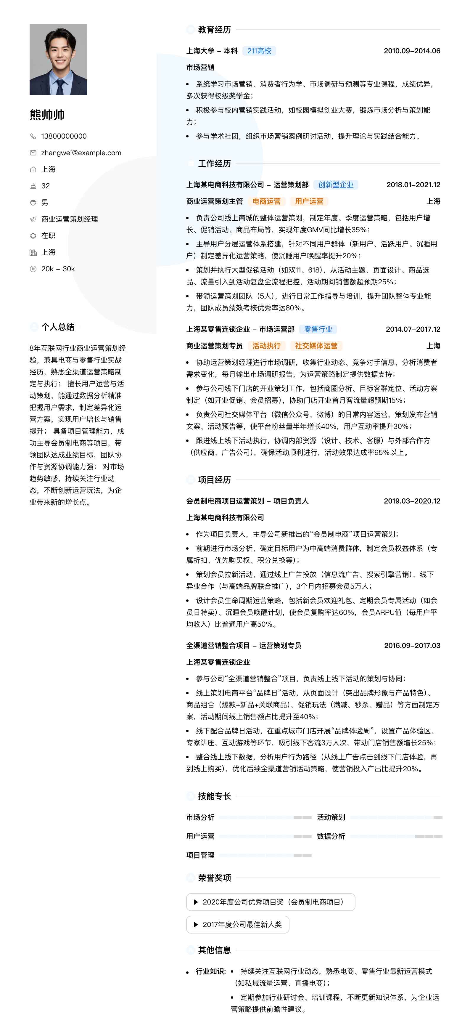 商业运营策划经理简历模板