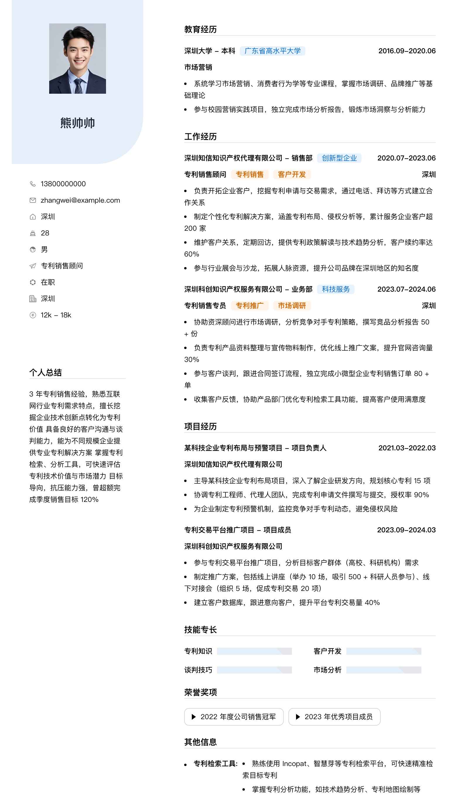 专利销售顾问简历模板