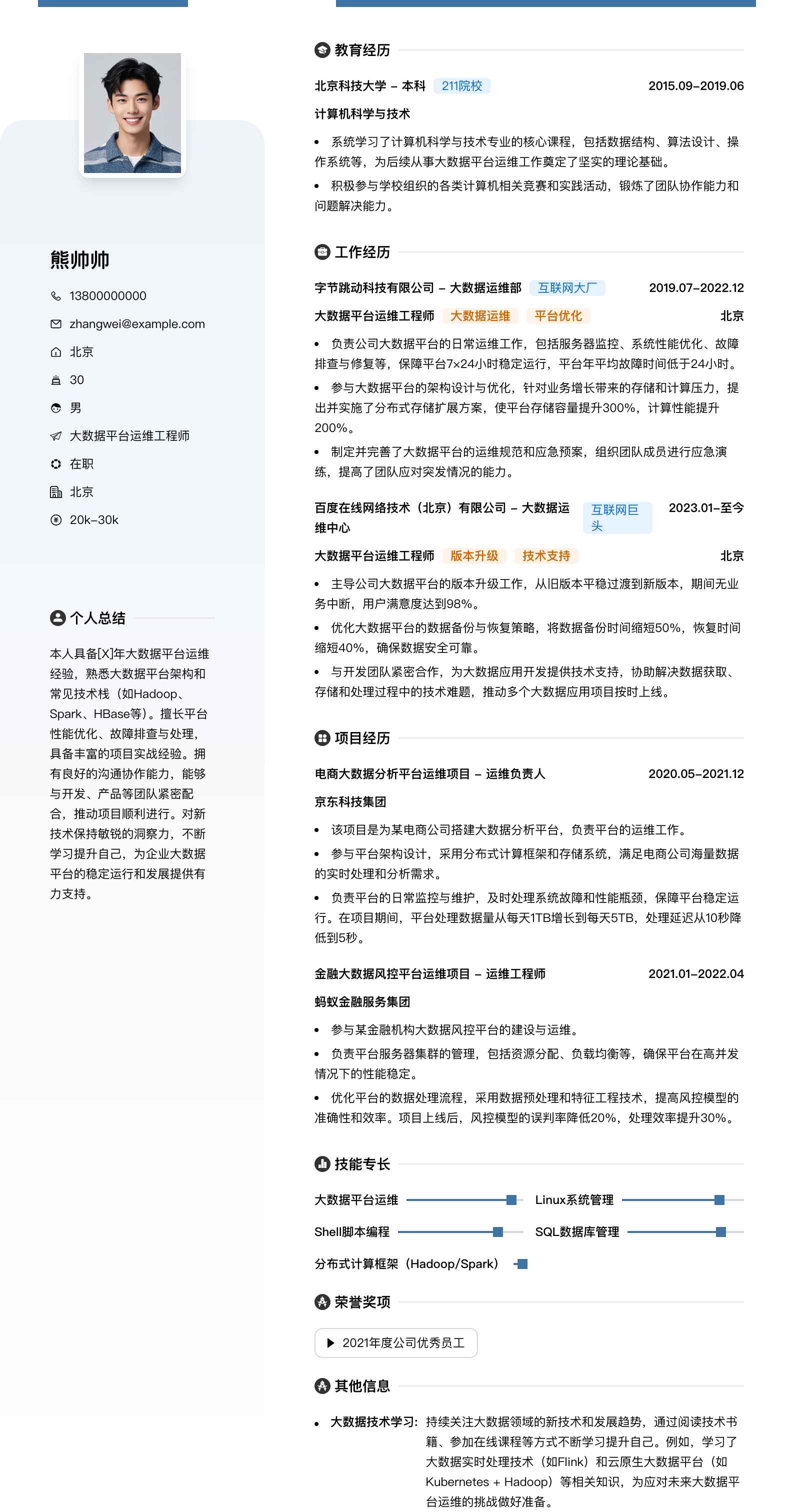 大数据平台运维工程师简历模板