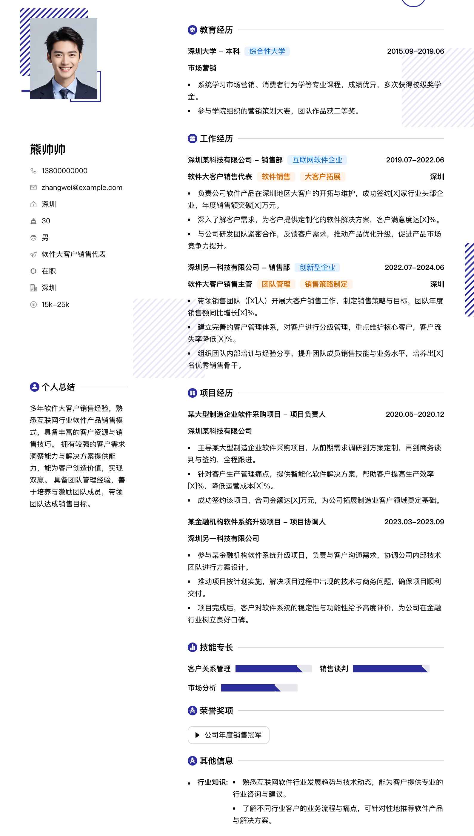 软件大客户销售代表简历模板