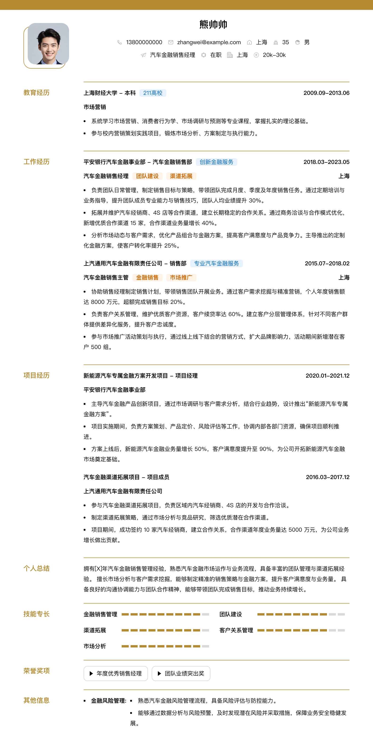 汽车金融销售经理简历模板