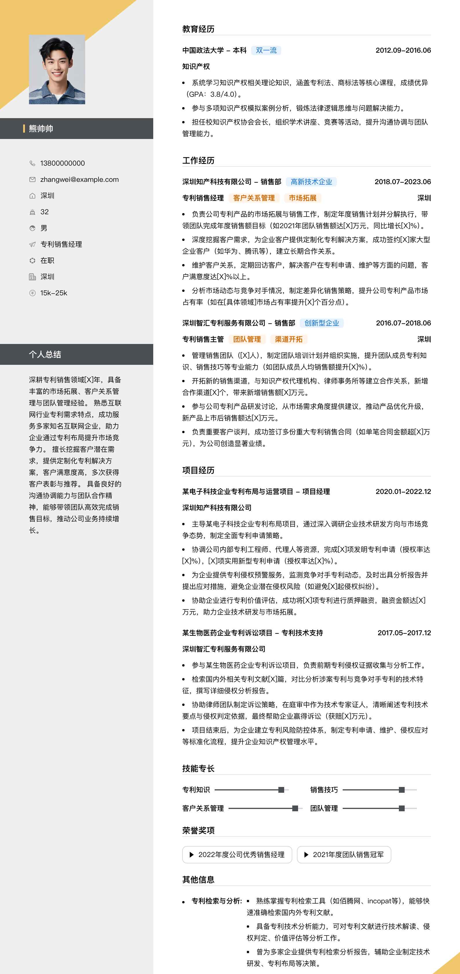 专利销售经理简历模板