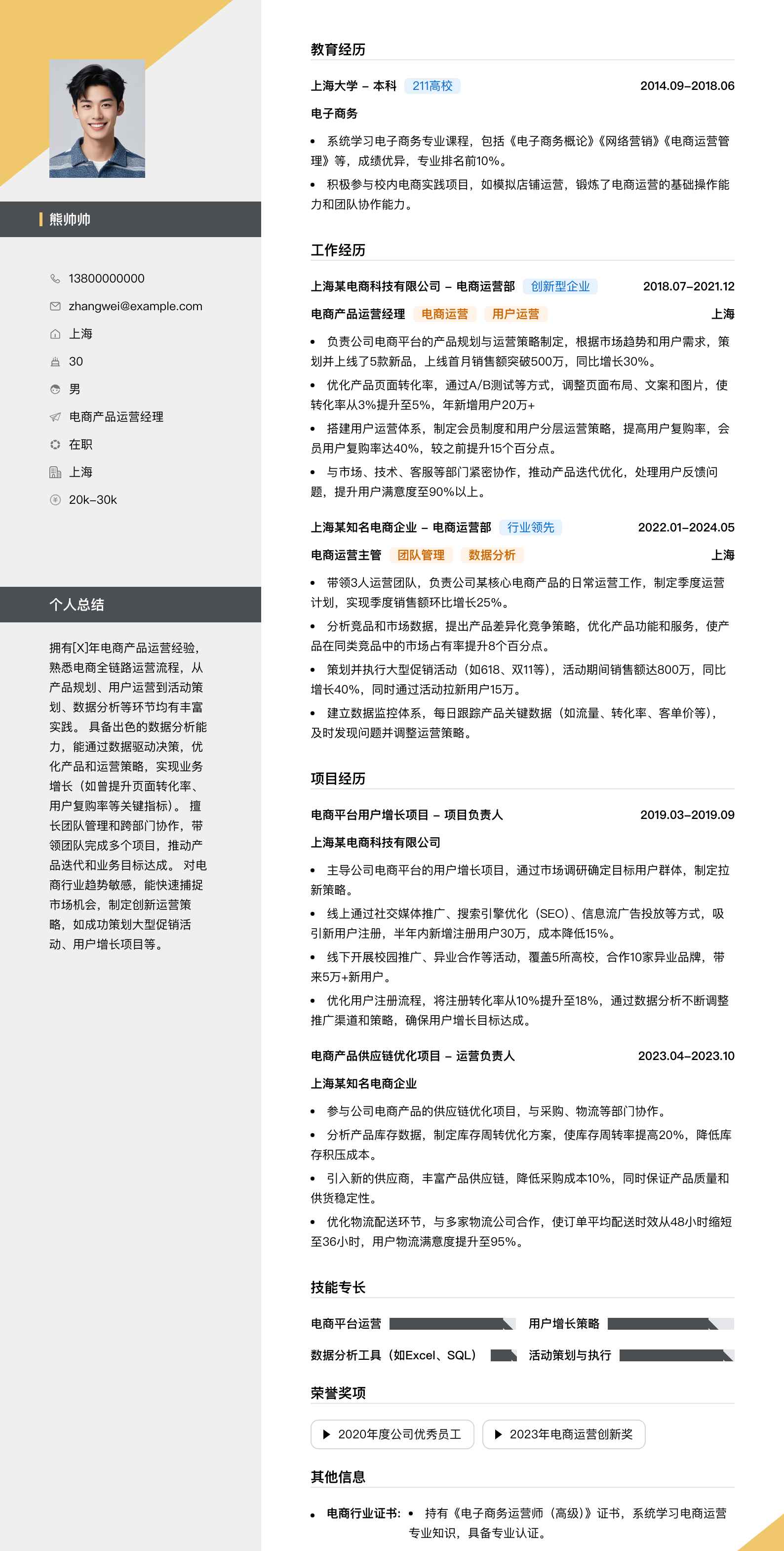 电商产品运营经理简历模板