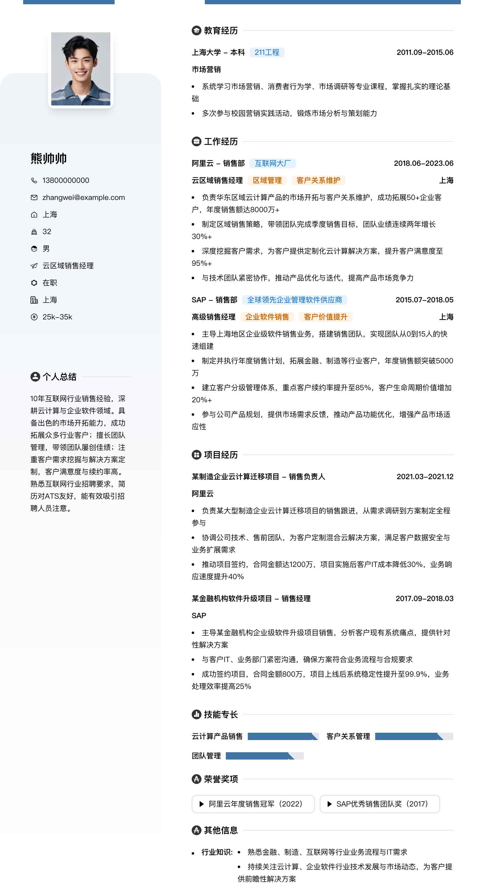 云区域销售经理简历模板